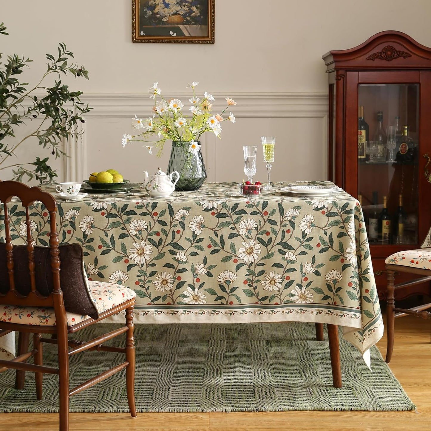 ISAENNE Designer Green Linen Extra Long Tablecloth Rectangle,Floral French Country Indoor Table Cloth,Stain Resistant Home Decor Tablecloths for Dining Kitchen Thanksgiving Party,67"*118"-Brune
