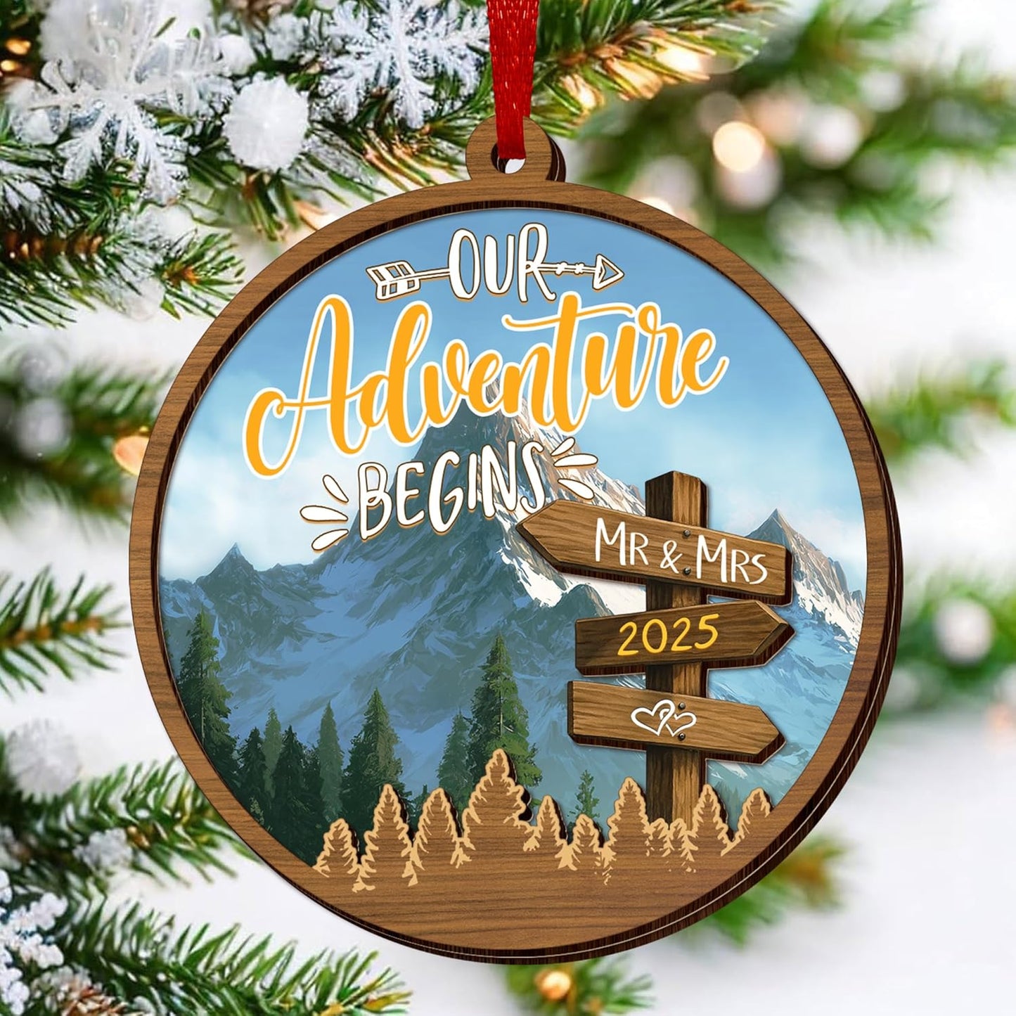 Christmas Wedding Gifts for Couples 2025 - Adventure Start Two Layer Wooden Christmas Ornaments for Tree Decorations - Bridal Shower Marriage Newly Wed Engagement Gifts for Couples Decorations