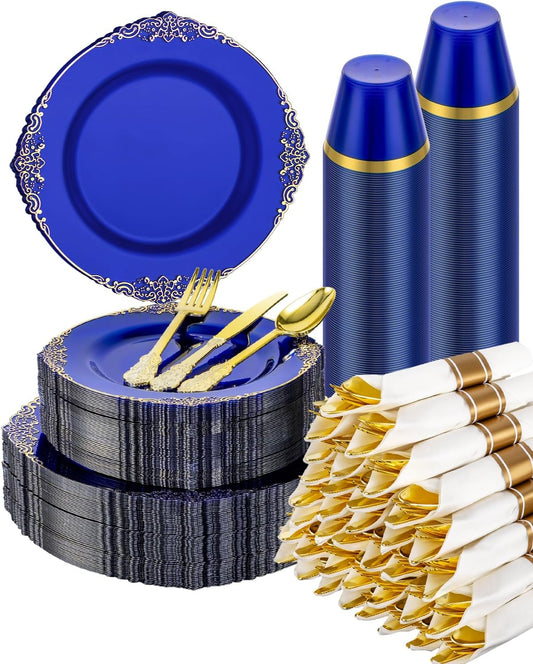 Goodluck 350 Piece Clear Blue Plastic Dinnerware Set for 50 Guests, Fancy Disposable Plates, Include: 100 Blue Rim Plastic Plates, 150 Silverwares, 50 Pre Rolled Napkins, 50 Cups for Party, Wedding