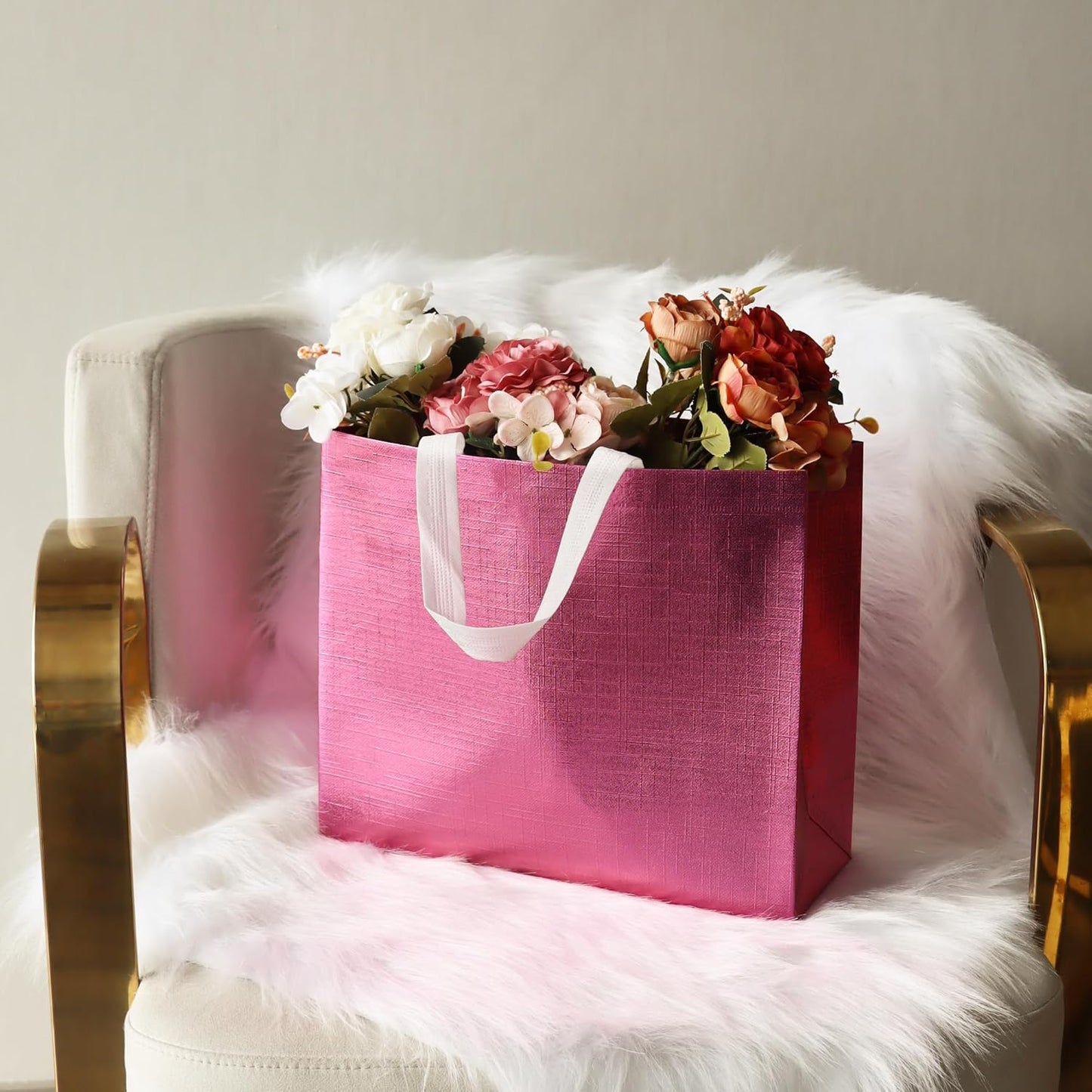 cabzymx Pink Reusable Gift Bags with Metallic Design, 25 Pcs Non-woven Gift Bag Bulk with Handles, Glossy Party Bags for Wrapping Gifts, Birthday, Wedding, Parties, Graduation-12.6x4.7x11 In