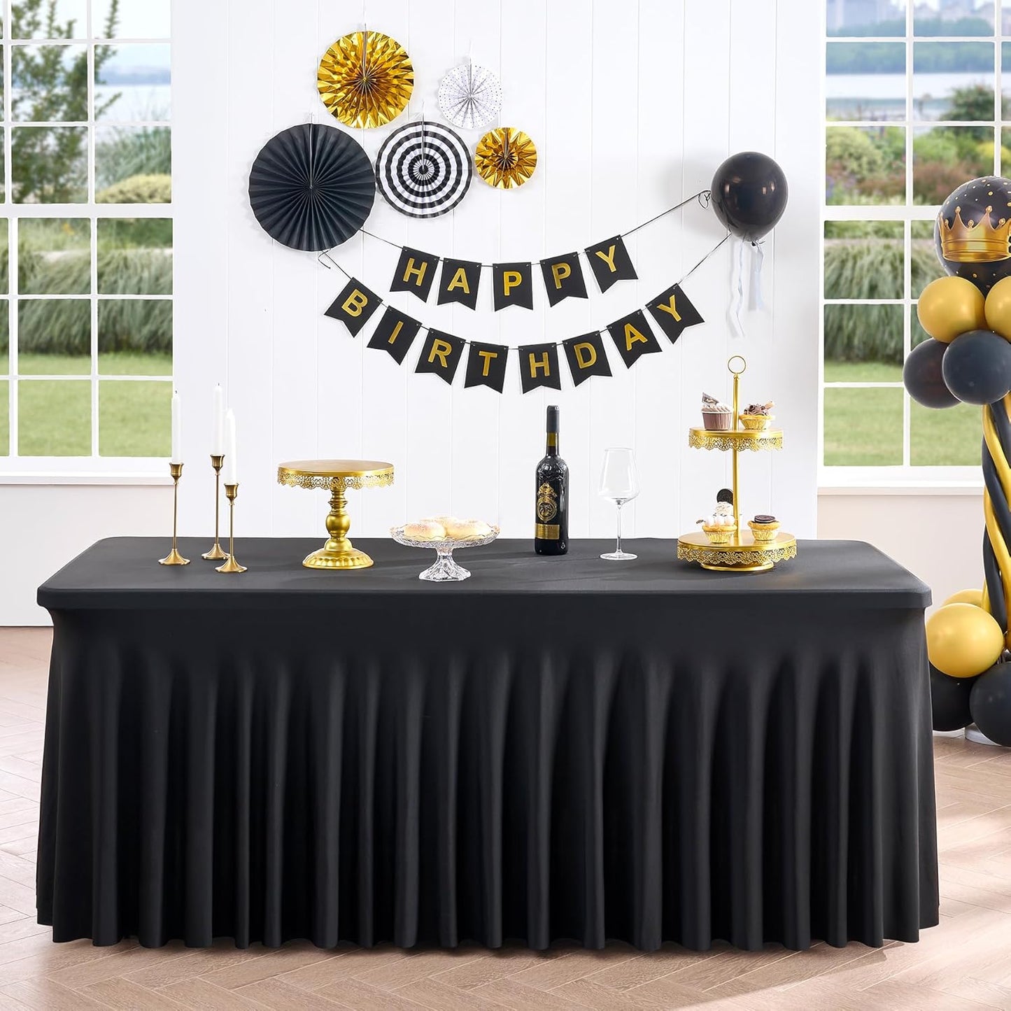 2 Pack Black Spandex Tablecloths for 4 ft Rectangle Tables, Wrinkle Free Fitted Table Covers 4 Foot StretchyTable Cloth with Skirt for Parties Weddings Birthday Banquet Baby Shower