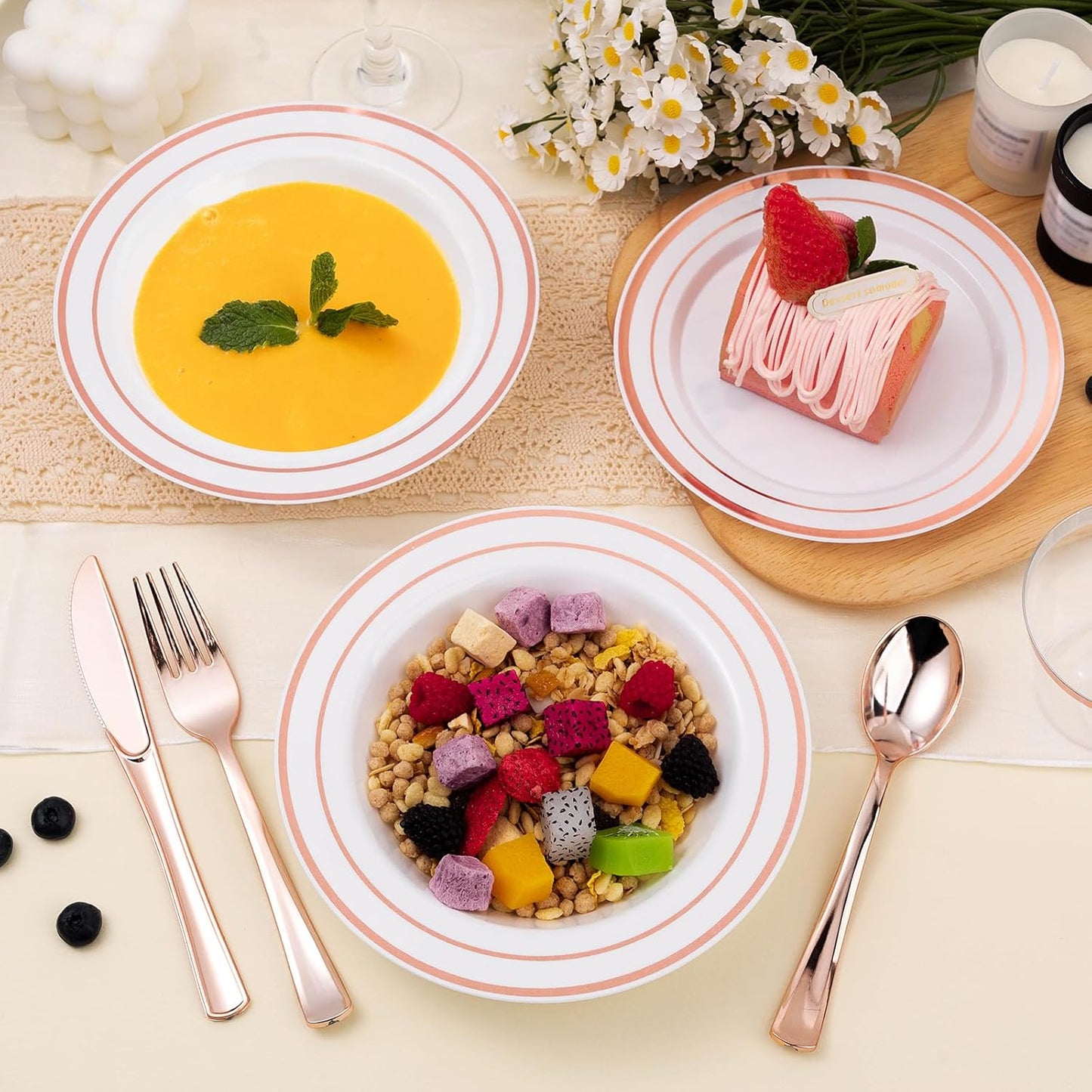 50 Pack Disposable Soup Bowls with Rose Gold Rim, 12oz Premium Heavy Duty Plastic Dinner Bowls for Party, Wedding and Holiday