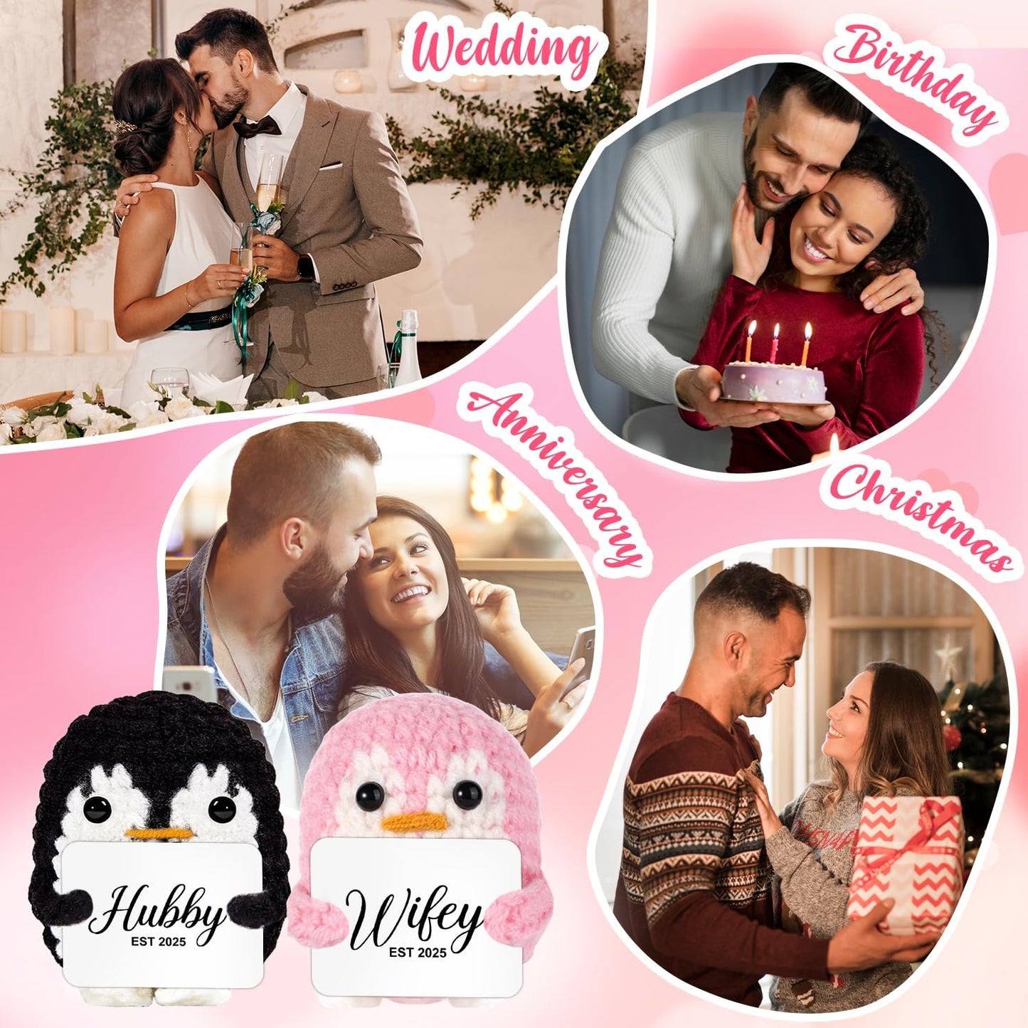 QUPT Wedding Gifts for Couples, Hubby & Wifey EST 2025 Wedding Penguin Doll Set, Bridal Shower Gifts for Bride and Groom, Newly Married Anniversary for Him Her, Penguin Doll Mr and Mrs Present