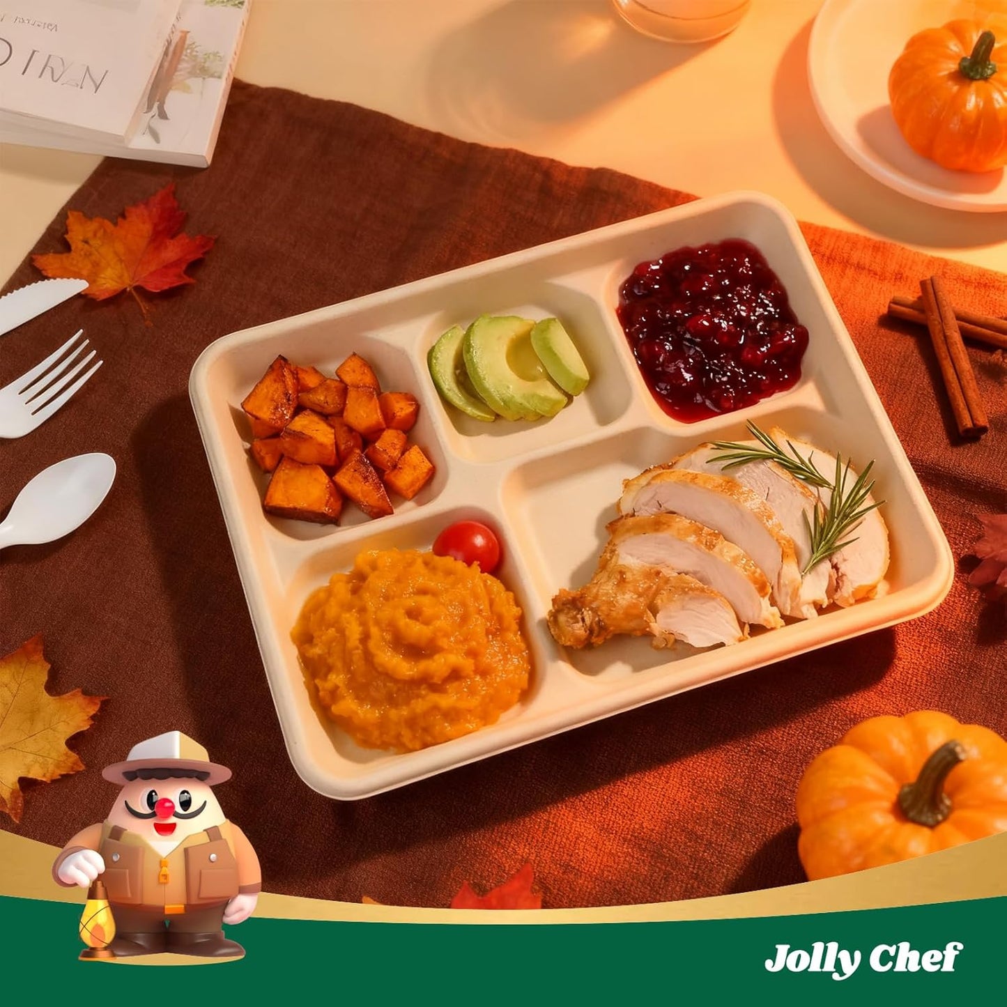 JOLLY CHEF Compostable 𝟱 Compartment 𝟭𝟭 * 𝟴 𝗶𝗻𝗰𝗵 Paper Plates [𝟭𝟬𝟬 𝗣𝗮𝗰𝗸] Heavy Duty Small Natural Divided Eco-Friendly Biodegradable Food Trays for Dinner Lunch Thanksgiving Day