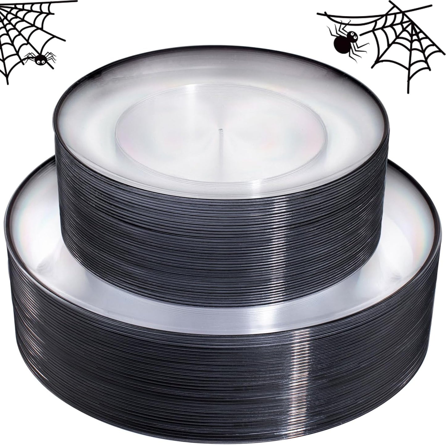 LIYH 60 Pcs Black Plates Disposable for Party Halloween Plates - Clear and Black Disposable Plate Includes 30 Dinner 10.25" & 30 Appetizer/Dessert Plate 7.5" for Wedding Halloween Day