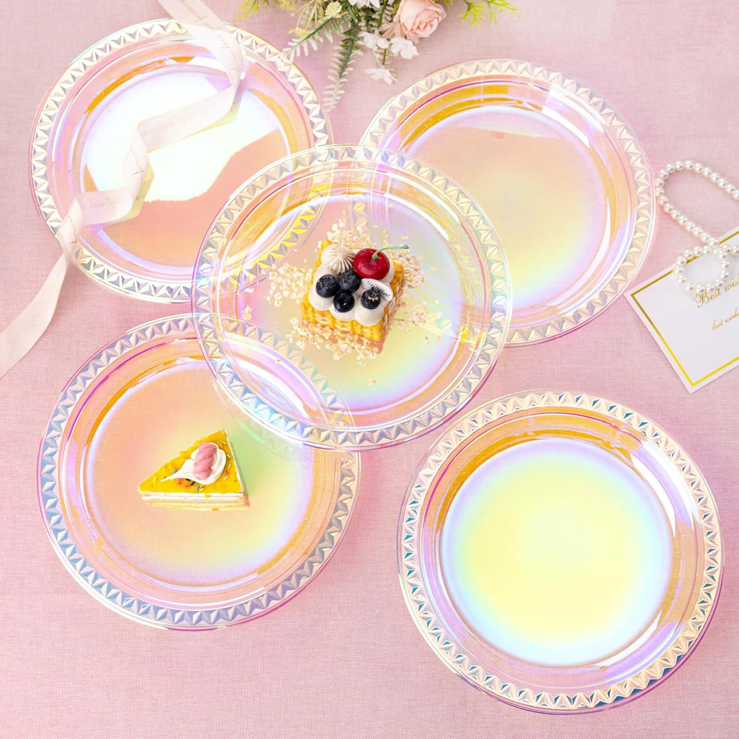 WELLIFE Iridescent Plastic Plates 9 Inch, 150 Count, Disposable Plastic Party Plates for Dessert Cake Easter Valentine's Day Wedding Birthday Bridal Disco Party Decor Baby Shower