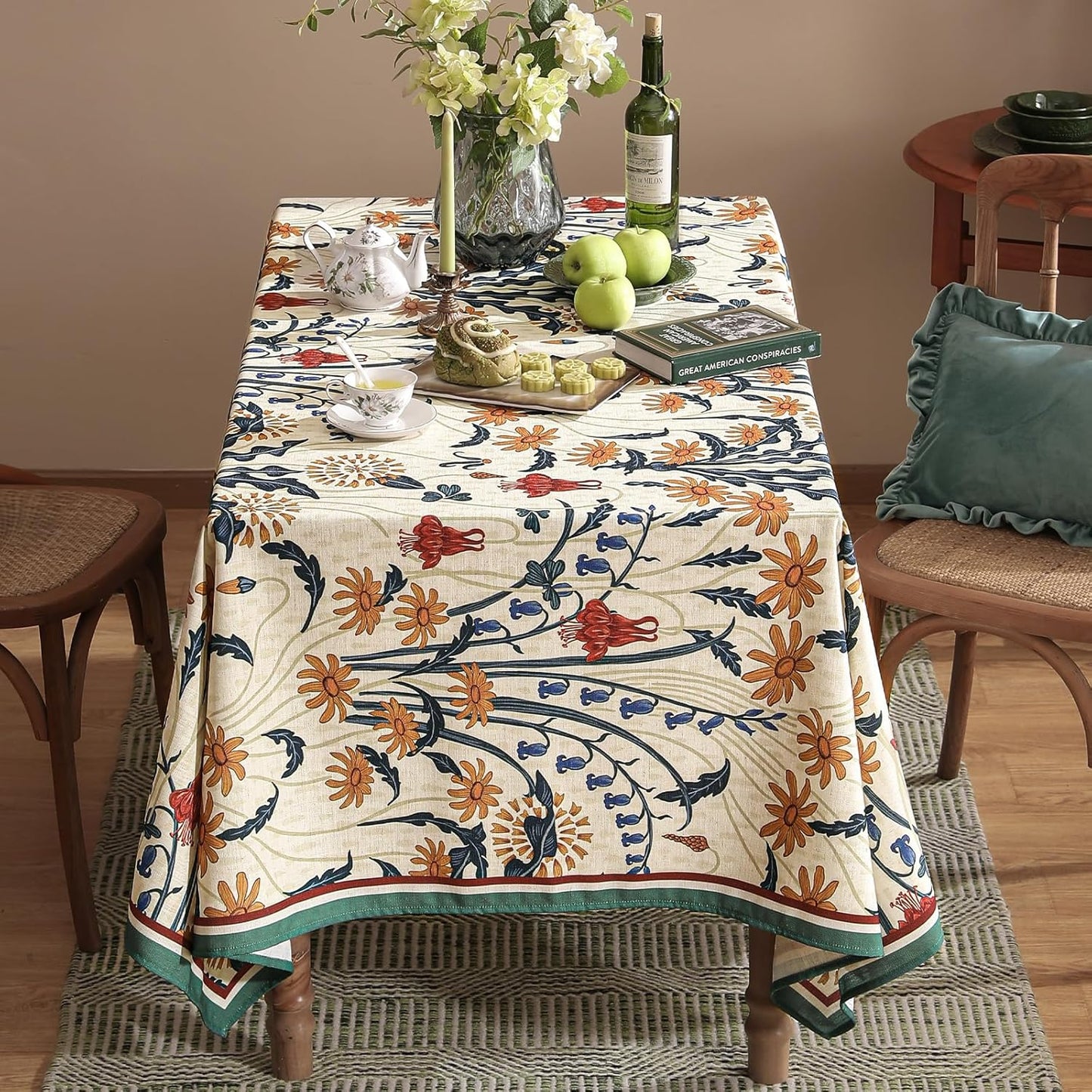 French Vintage Rectangular Tablecloth,Linen Extra Long Tablecloth with Gold and Red Floral Pattern,Decorative Table Cover for Kitchen,Dining,Thanksgiving,Christmas,67"*118"-Tijuana