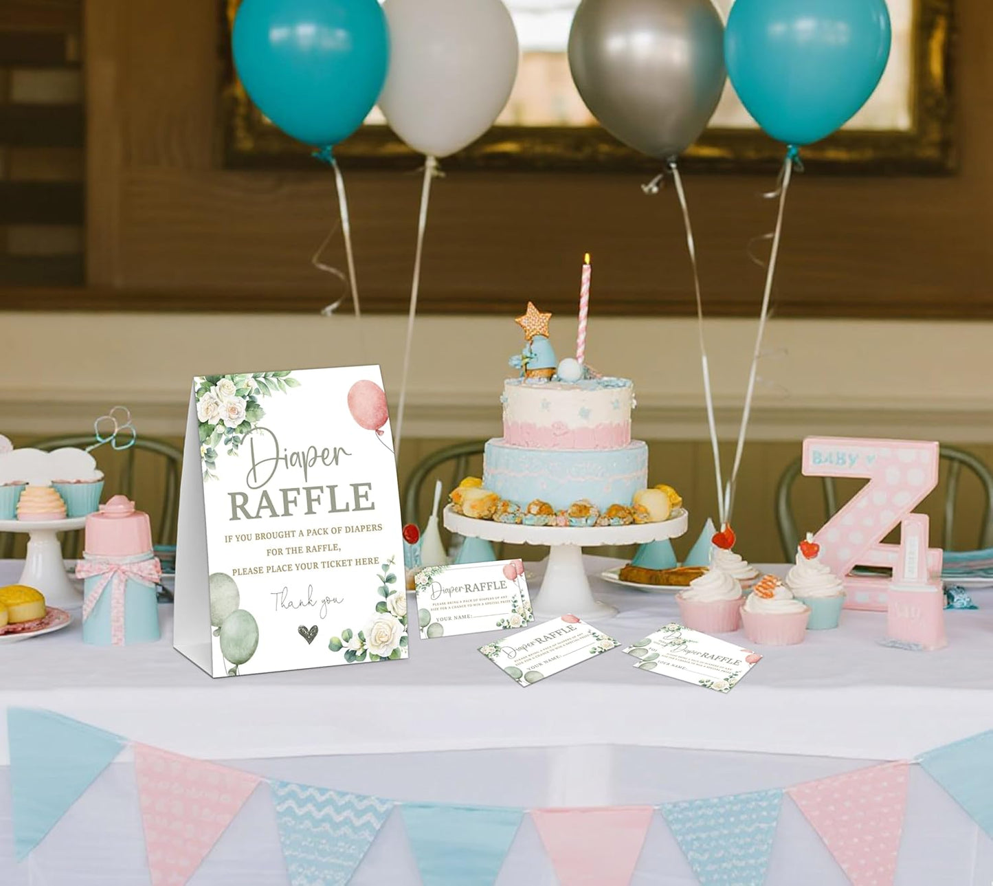 Sage Green Baby Shower Diaper Raffle, Baby Shower Game, Include One 5×7 Sign and 50 Diaper Raffle Tickets, Greenery Balloons Gender Reveal Party Decoration Supplies - FG07