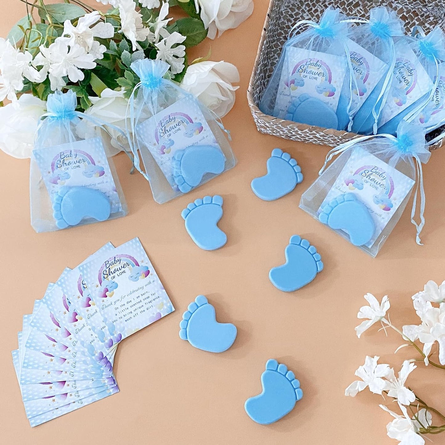 50 Sets Baby Shower Favors Refreshing Foot Soap Perfect Baby Shower Favors for Guests, Gifts, and Prizes with Organza Bags Thanks Cards (Blue)