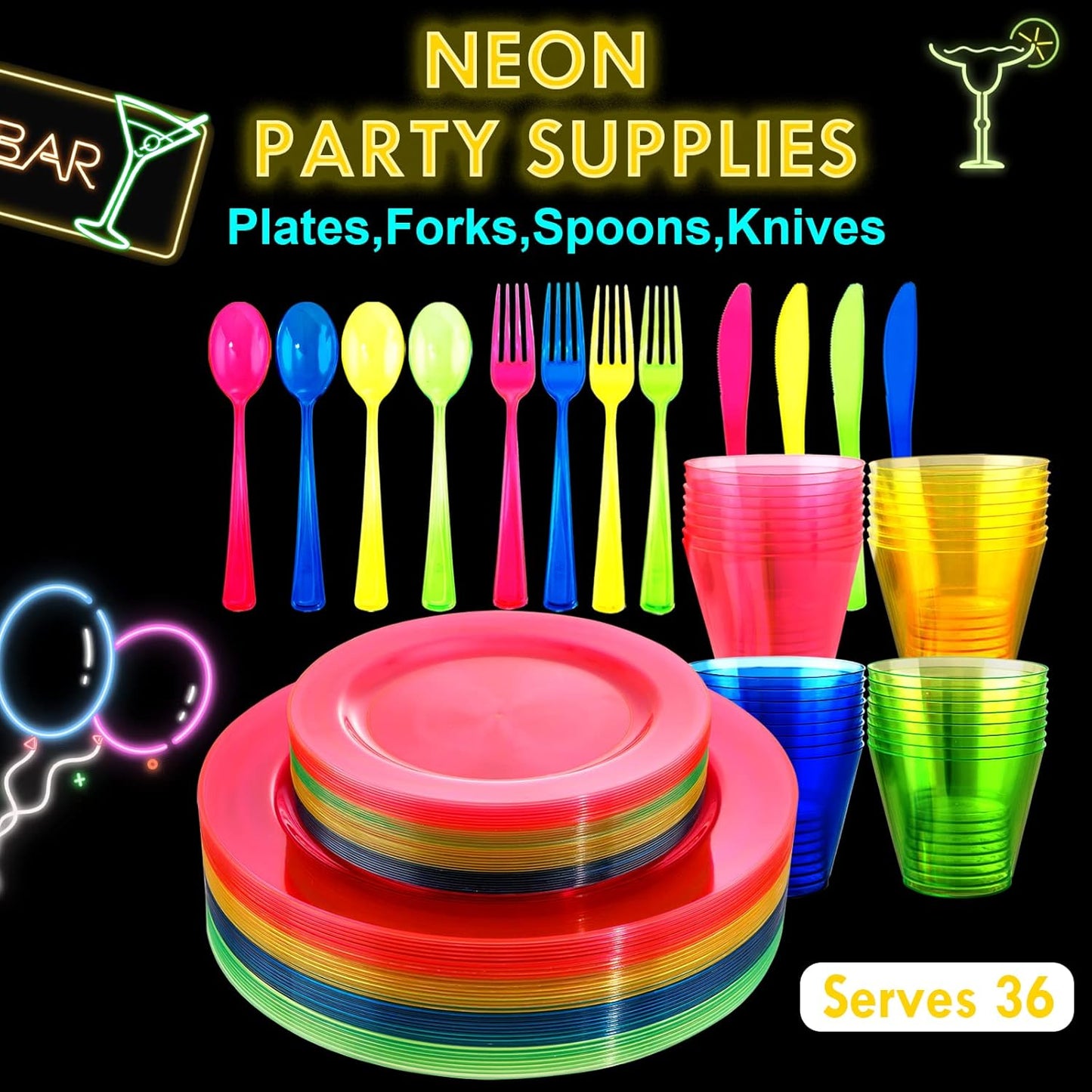 Supernal 216pcs Rainbow Plastic Plates for Party Supplies-Hard Disposable Plates Heavy Duty,Colorful Cups,Plastic Silveware in Neon Pink,Blue,Green,Yellow, Pefect for Birthdays,Party