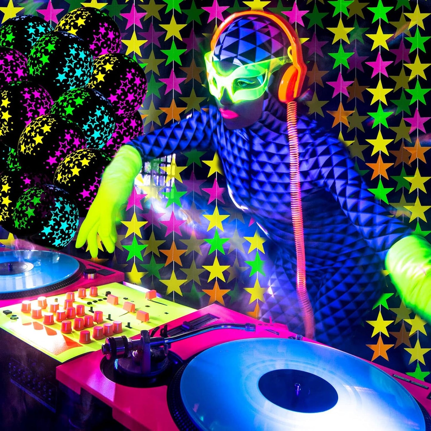 32 Pcs Glow in The Dark Party Supplies Christmas Neon Party Favors with 25 Fluorescent Balloon 6 Rolls 98.4 ft UV Blacklight Luminous Tape 14.4 ft Neon Streamer Garland for Adults(Cute Star)