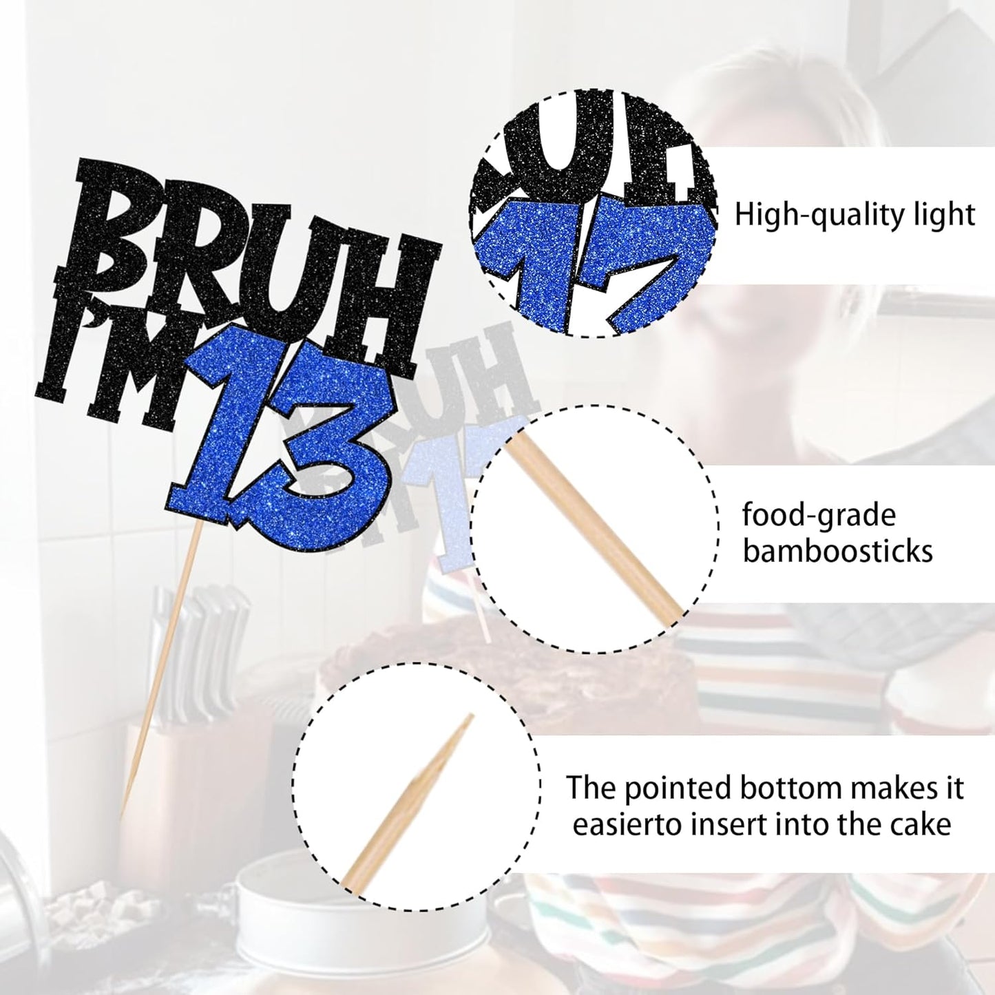 1 PCS Bruh I'm 13 Cake Topper Glitter Happy 13th Birthday Cake Pick Bro I'm 13 Cake Decoration It's My 13th Birthday Decorations for Cheers to 13 Years Old Birthday Anniversary Party Supplies Blue