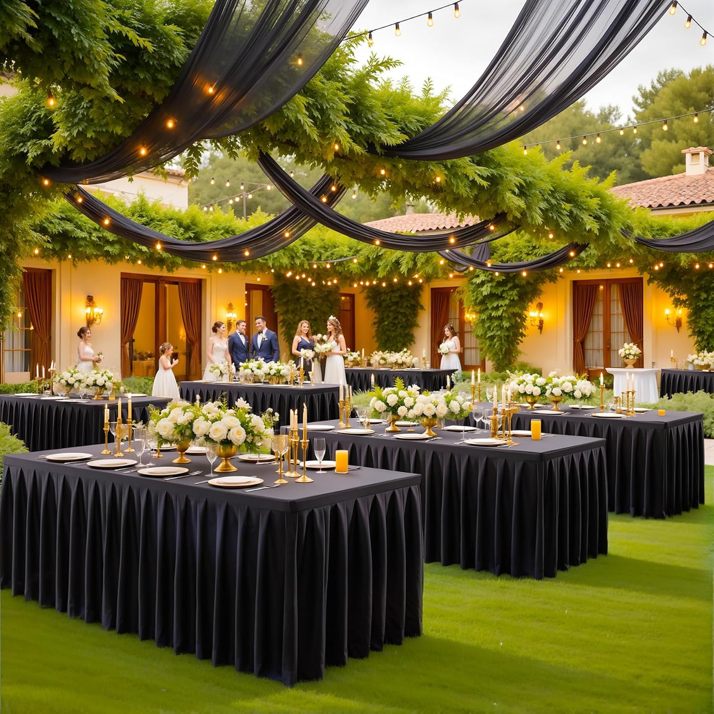 2 Pack Black Rectangle Tablecloth 8 FT Stretch Spandex Fitted Table Cloth for 8 Foot Rectangle Tables Banquet Tablecloths Wrinkle Free Table Cover Skirt Ruffle Tablecloth for Party Wedding Birthday