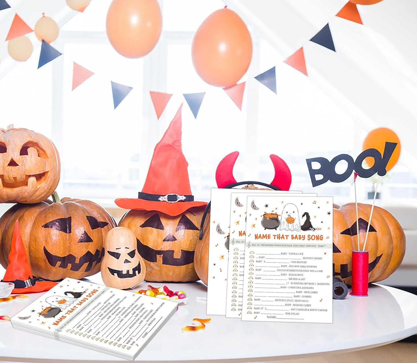 Name That Baby Song Halloween Baby Shower Game, 30 Halloween Gender Reveal Games for Guests (Included Answer Card) 5x7 inch, Perfect for Neutral Gender Reveal Decorations Party Favors Supplies