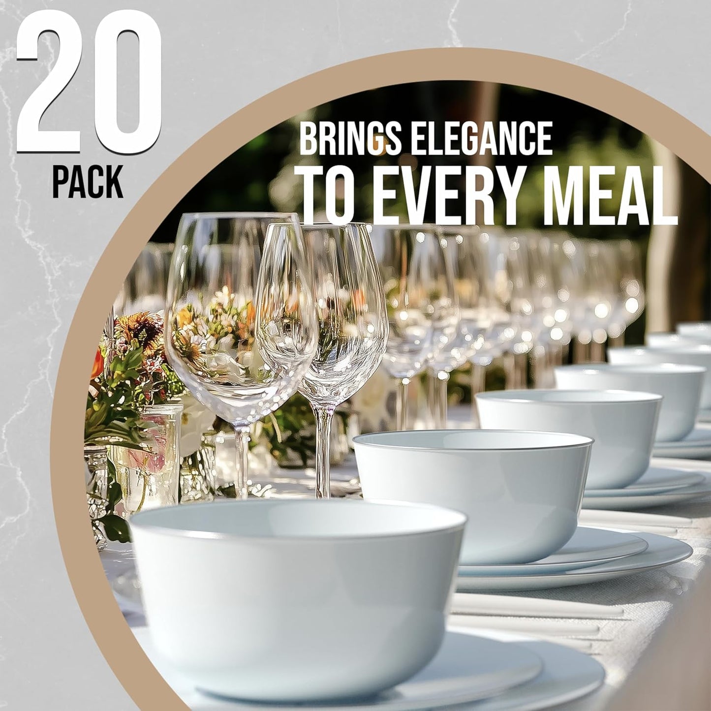 Trendables Disposable 24 Oz Bowls - 20-Piece Set - Sage Silver Rimmed Fancy Serving & Salad Bowls - Perfect for Ice Cream & Candy