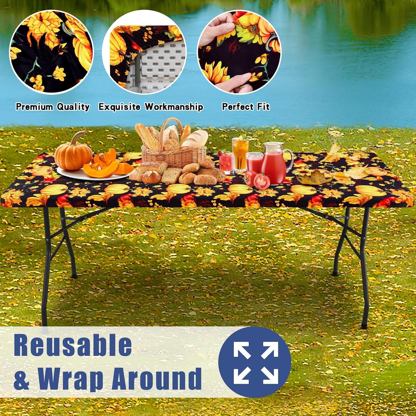 Spandex 8 Foot Rectangle Thanksgiving Table Cloth 2 Pack, Elastic Fitted Tablecloths for Picnic, Stretch Washable Patio Table Cover for Autumn Harvest Parties (Pumpkin Sunflower, 30"x96")