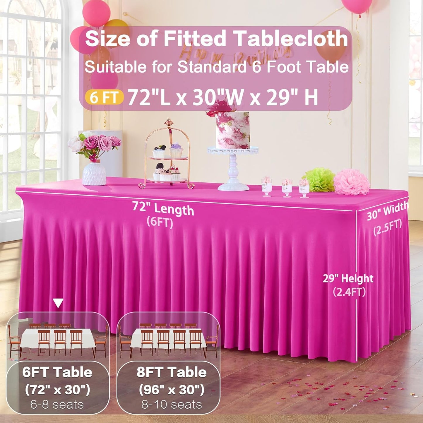 6 Pack Hot Pink Spandex Tablecloth for 6 Foot Rectangle Tables, Wrinkle Free Fitted Table Cloth Cover 6ft Fuchsia Stretchy Tablecloths with Skirt for Parties Weddings Birthday Banquet Baby Shower