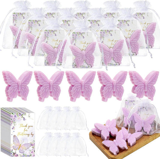 Dunzy 30 Set Butterfly Theme Baby Shower Favors for Guests Christmas Butterfly Soap Favors with Thanks You Cards Gender Reveal Baptism Party Decorations Wedding Bridal Souvenirs (Purple)