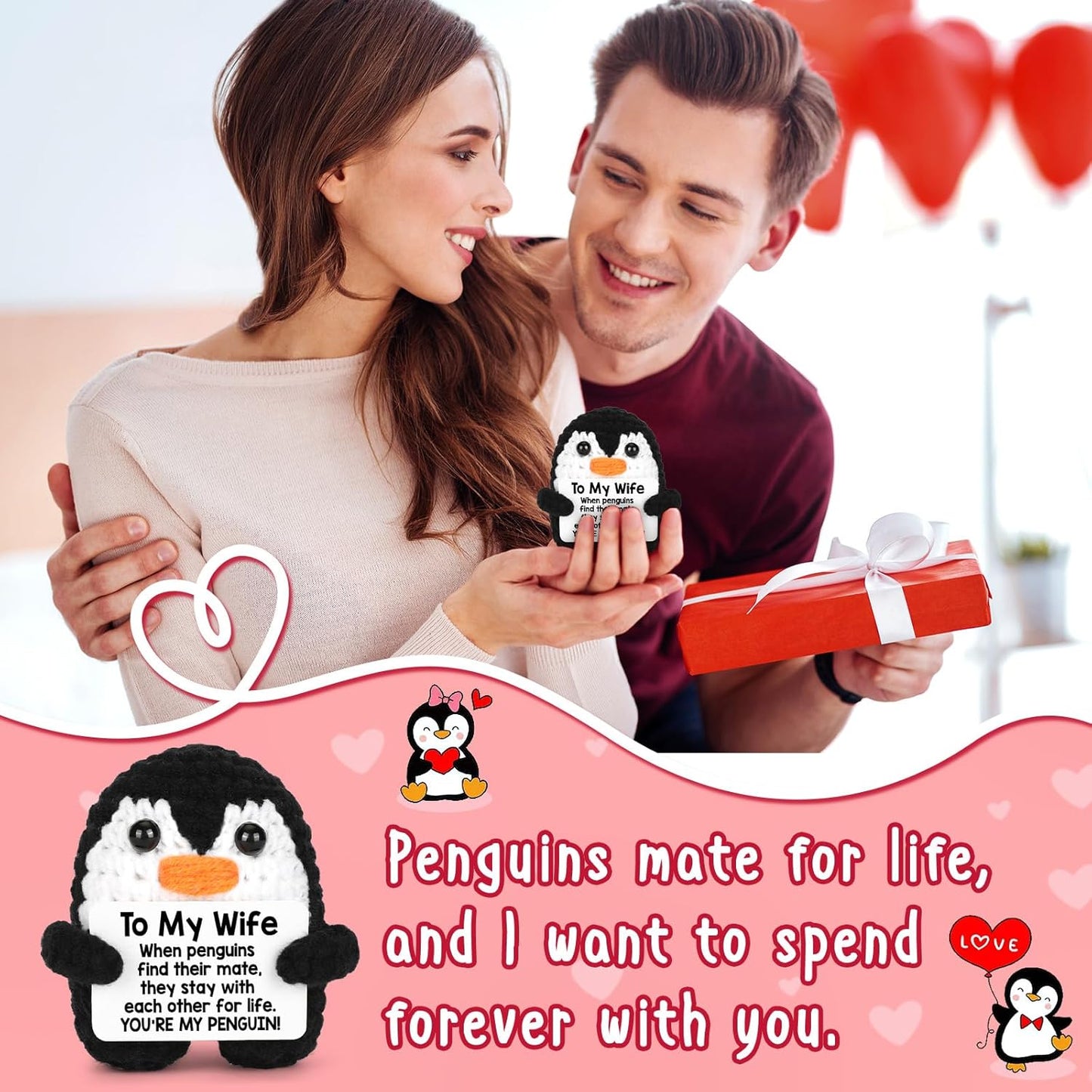 Gifts for Her Wife from Husband Birthday Christmas, to My Wife Handmade Crochet Emotional Mini Funny Penguin, Romantic Wedding Anniversary Valentines Gifts for Women Her, Small Cute Love Sign Decor