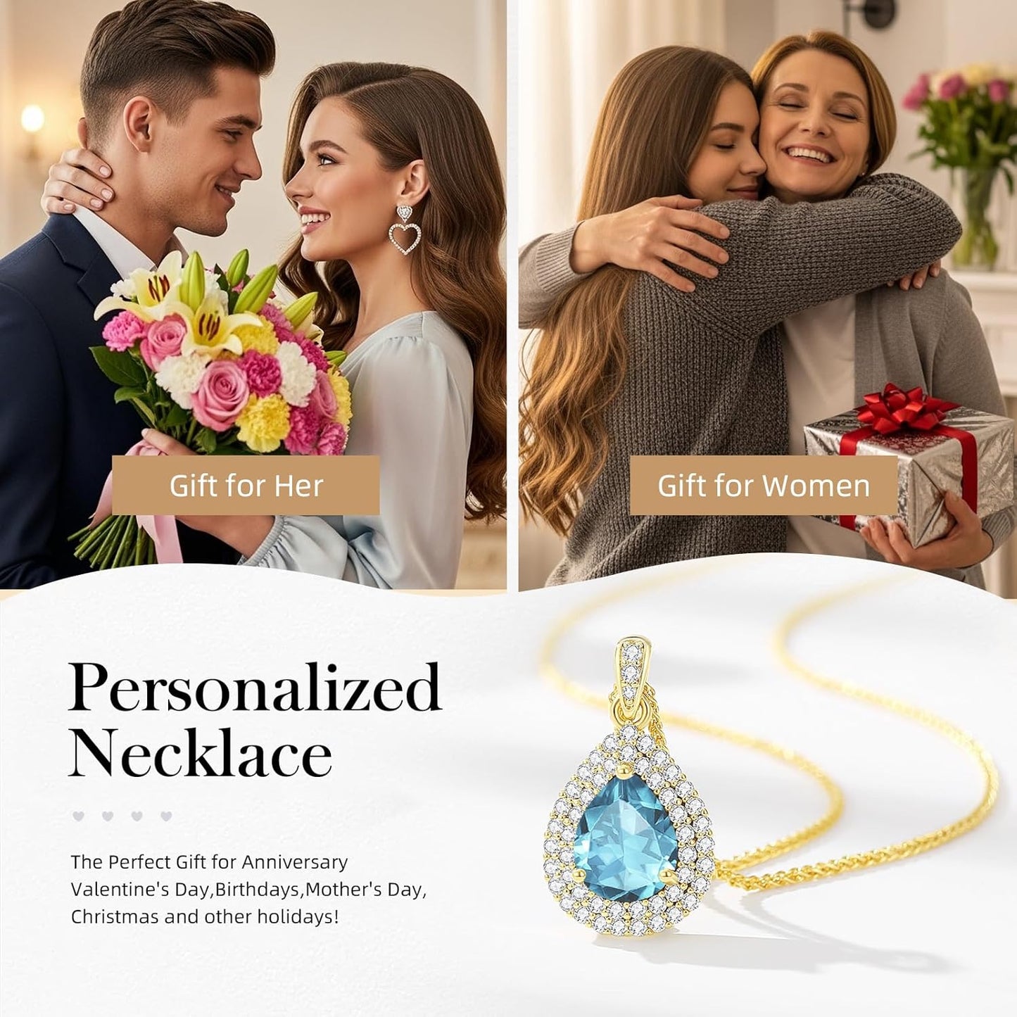 Gold Necklace for Women-Teardrop Birthstone Pendant-18K Gold Plated Chain with Light-Up Gift Box, Jewelry for Women,Anniversary Birthday Gifts for Her Wife Girlfriend Mom,Womens Jewelry