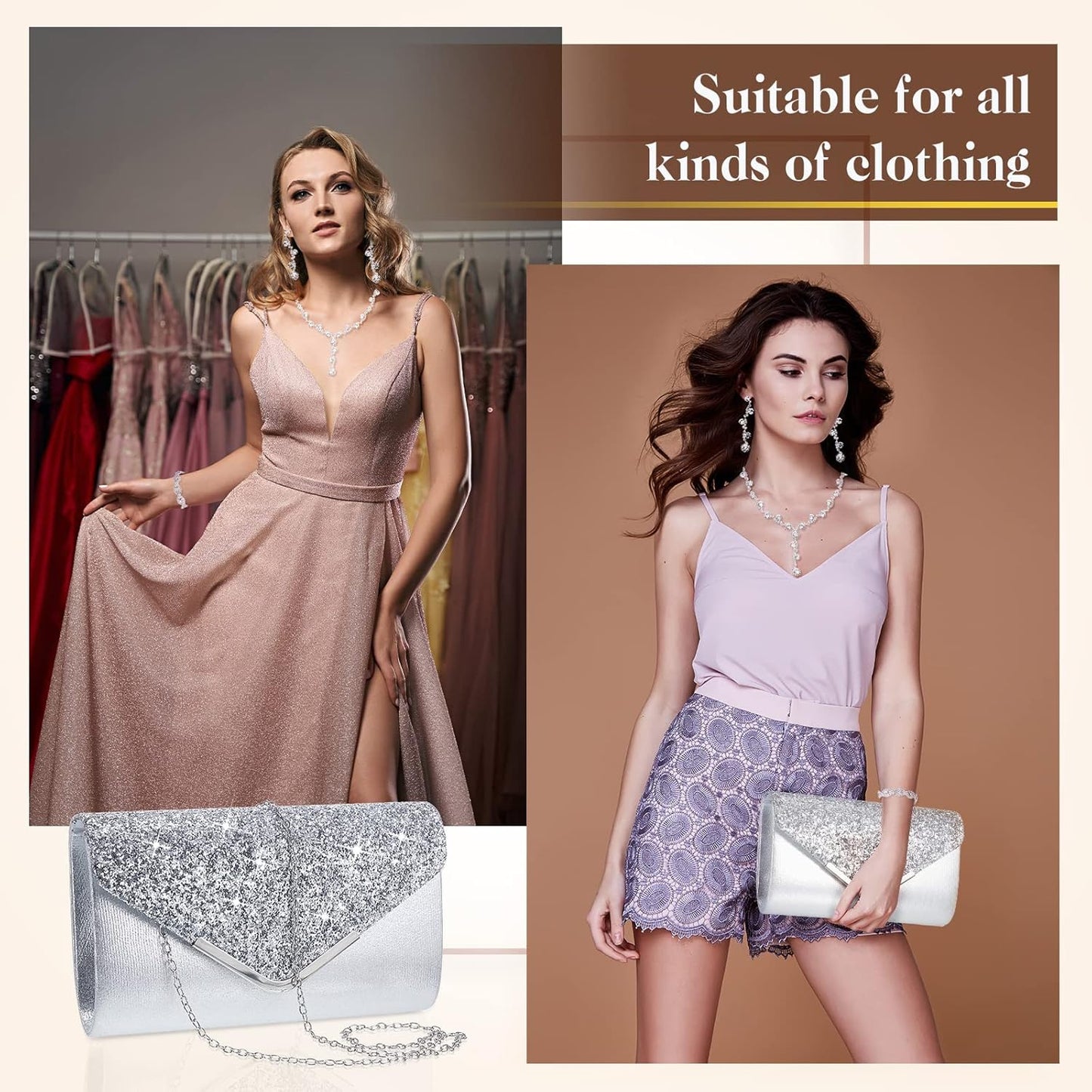 Henoyso 5 Pcs Purse Rhinestone Jewelry Set Prom Jewelry Rhinestone Clutch Purse Necklace Earrings Bracelets for Women Bride