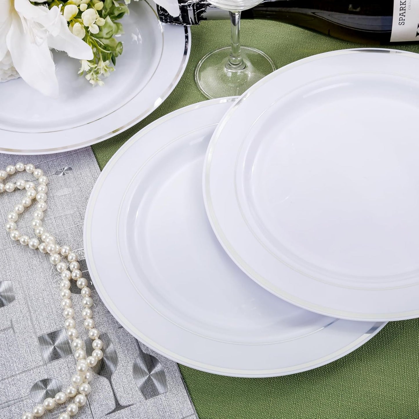 bUCLA 30PCS Silver Plastic Dinner Plates - Premium Heavy Duty 10.25inch Silver Disposable Party Plates, White and Silver Plastic Plates for Wedding & Christmas