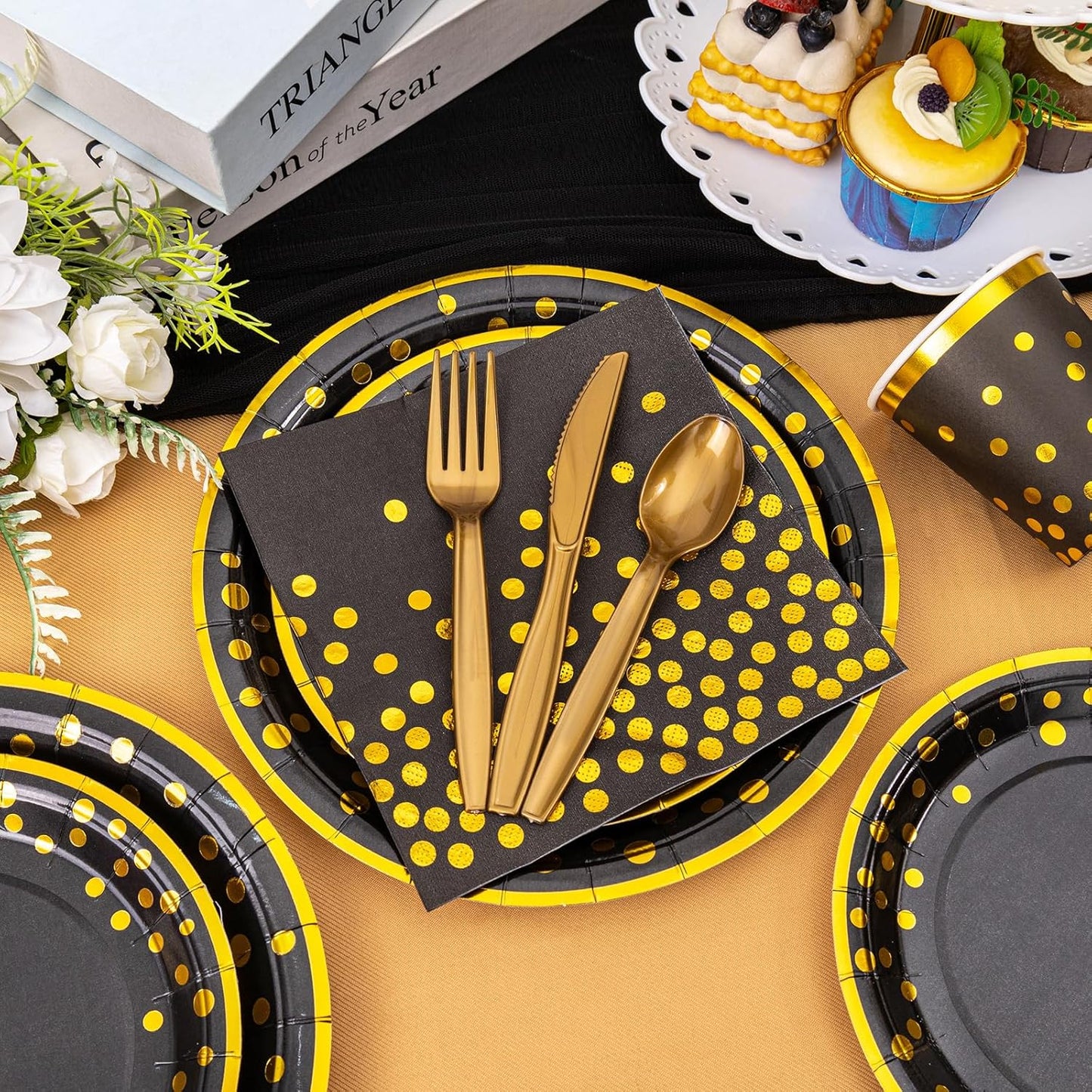 Supernal 350pcs Black and Gold Plates & Napkins Party Supplies,10inch Birthday Plates 7inch Black and Gold Paper Plates Gold Plastic Forks,Knives,Spoons,Black Napkins Cups Served 50 Guest for Birthday
