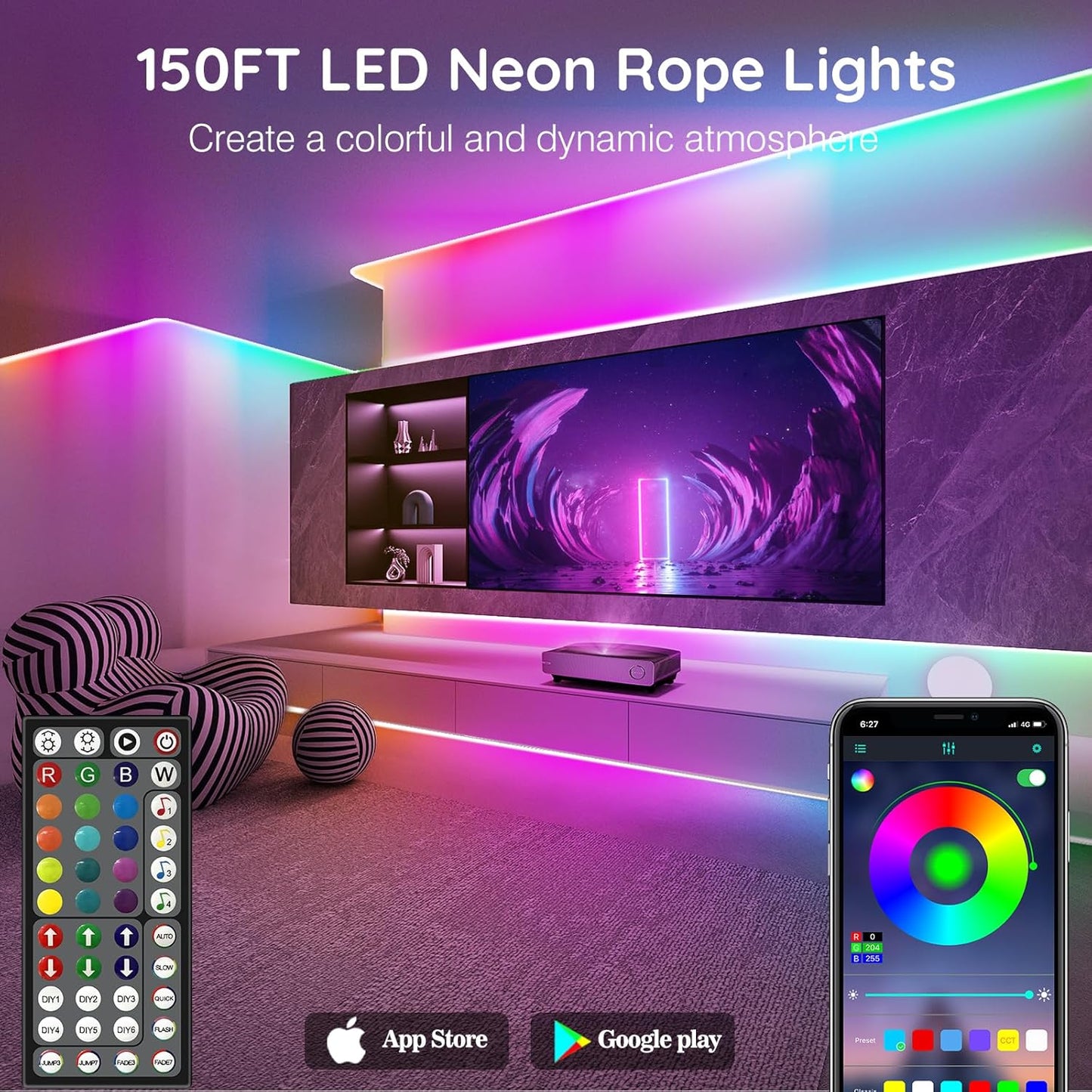 SINLEY Led Neon Rope Lights 150FT,Control with App/Remote,Flexible Led Rope Lights,Multiple Modes,IP68 Outdoor RGB Neon Lights Waterproof,Music Sync Gaming Led Strip Lights for Bedroom Indoor
