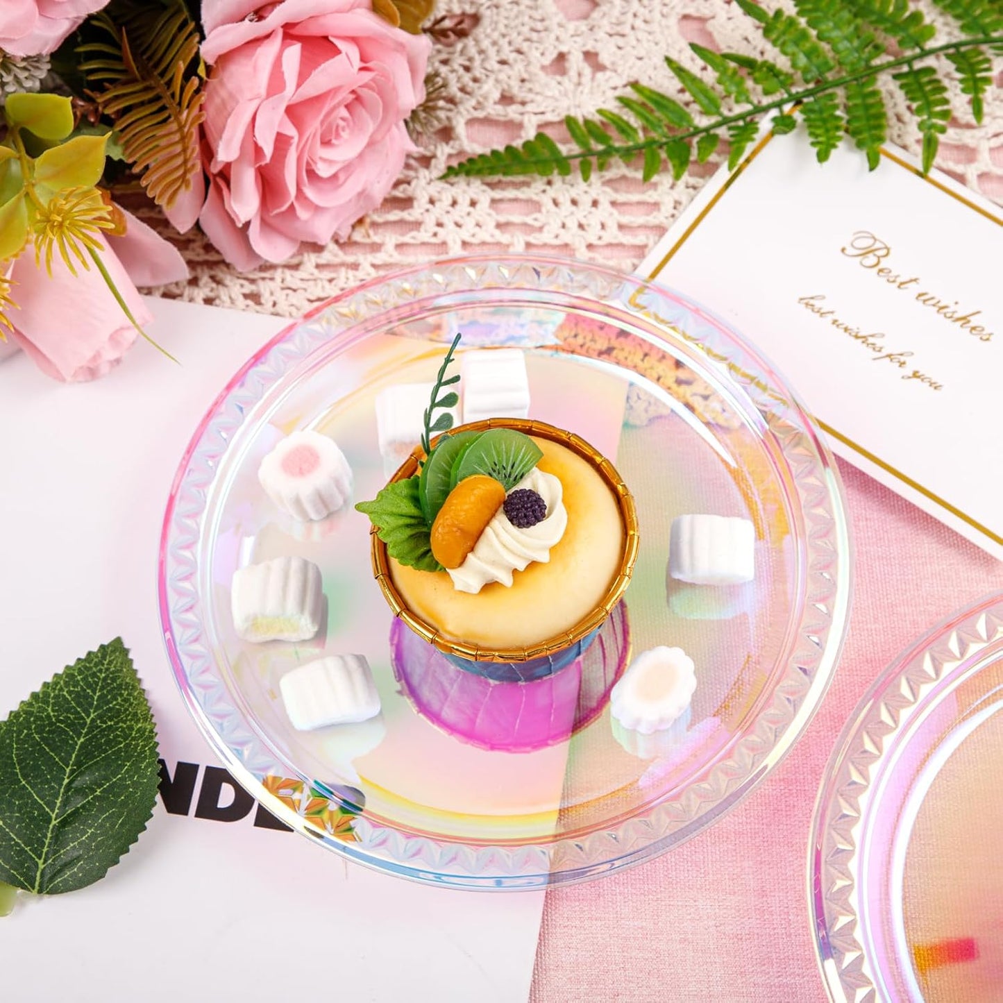 WELLIFE Iridescent Plastic Plates 7 Inch, 150 Count Disposable Plastic Dessert Party Plates for Easter Valentine's Day Disco Party Decor Wedding Birthday Baby Bridal Shower