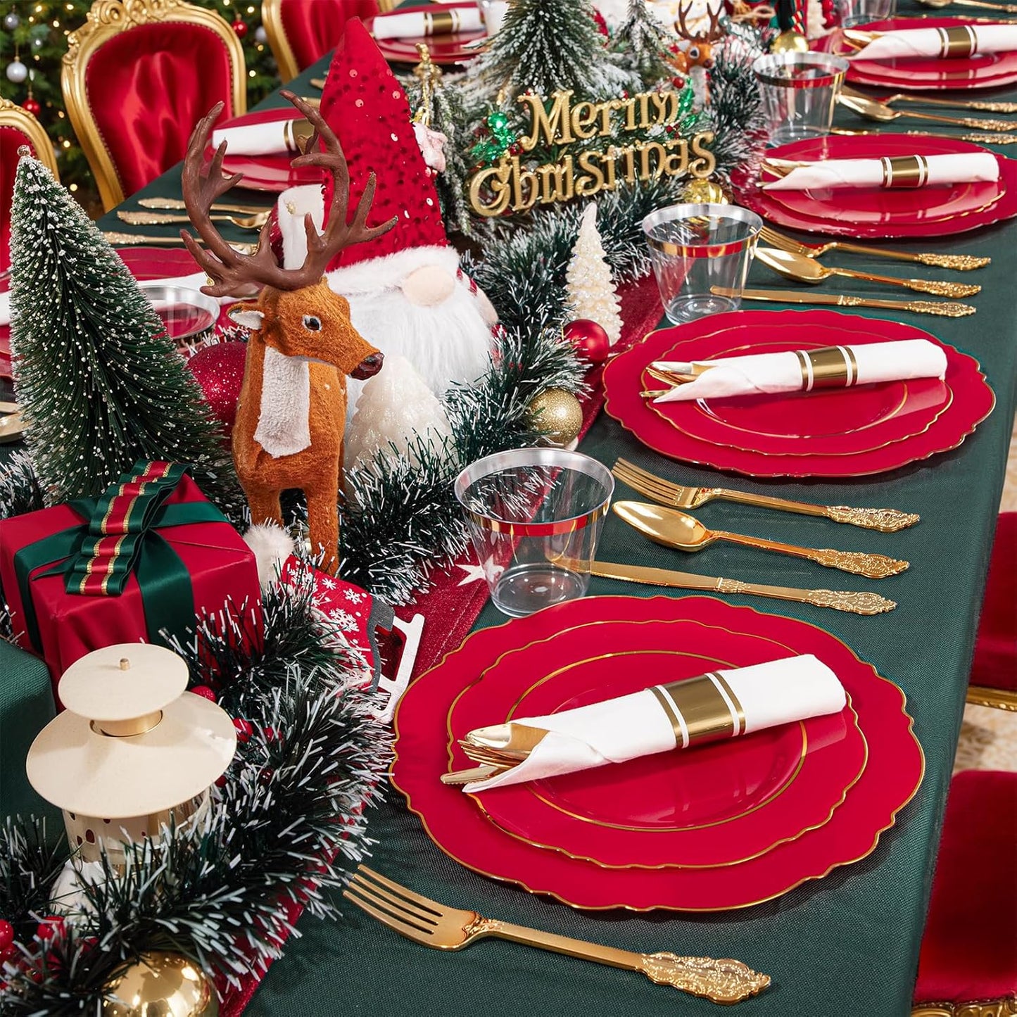 Liacere 350PCS Red Plastic Plates - Christmas Red Disposable Plates With Gold Rim - 50Guest Baroque Plastic Dinnerware include 100Plates-50Pack Pre Rolled Napkins with Silverware 50Cups for Christmas