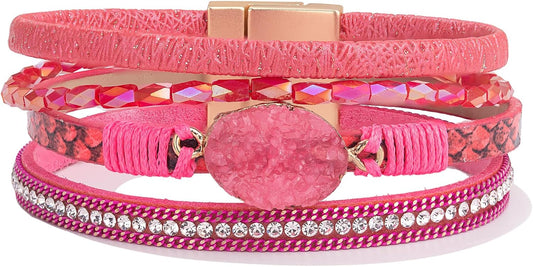 FANCY SHINY Leather Wrap Bracelet Boho Cuff Bangle Bracelets Crystal Bead Bracelet with Magnetic Clasp Jewelry Gifts for Women