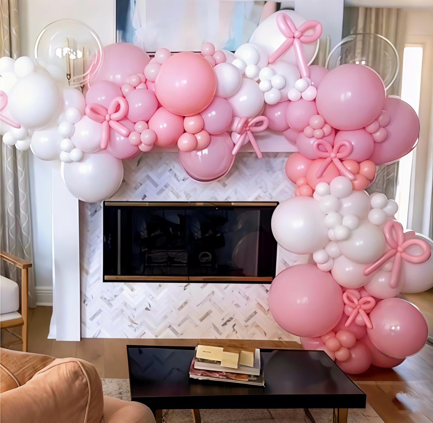 Pastel Pink and White Coquette Balloons Arch, 134 PCS Light Baby Dusty Pale Pink Bow Balloon Garland mit 18 Inch Clear Balloons *5, Long Balloon as Bow Decor for Girls Just Want To Be One Birthday
