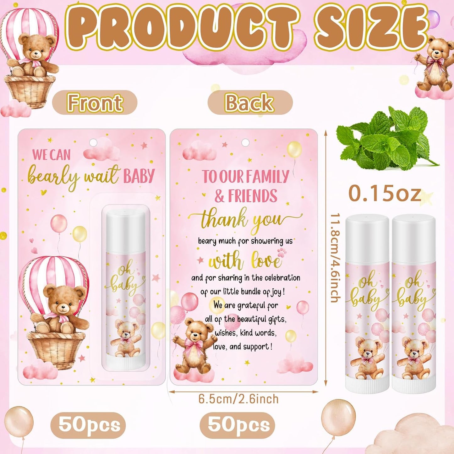 50 Pack Bear themed Baby Shower Favor Baby Shower Lip Balm Party Gifts for Guest Games Prizes Friends Gender Reveal Girls Boys Halloween Thanksgiving Christmas