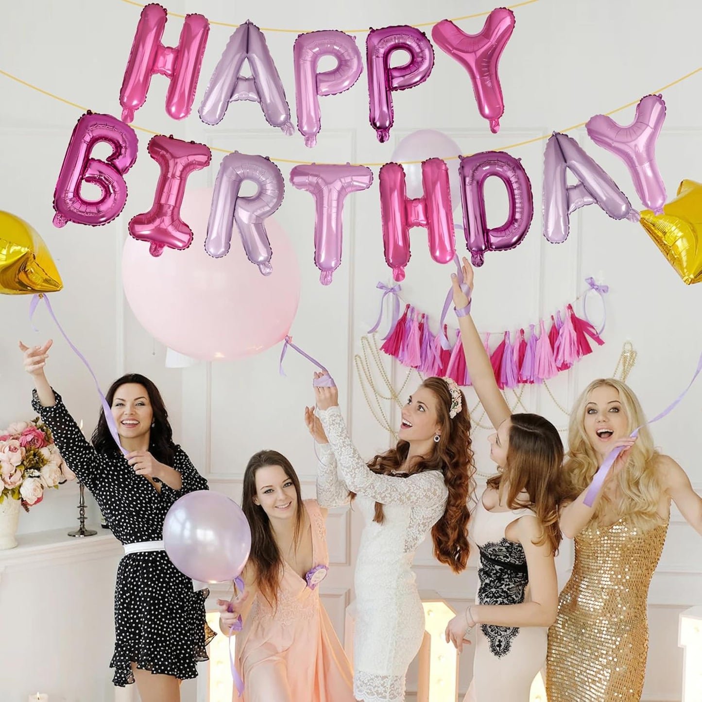 LIOZEOKUN Happy Birthday Balloon Letters 16 inch Mylar Foil Birthday Balloons Banner Sign for Birthday Party Decorations Supplies (Purple pink)