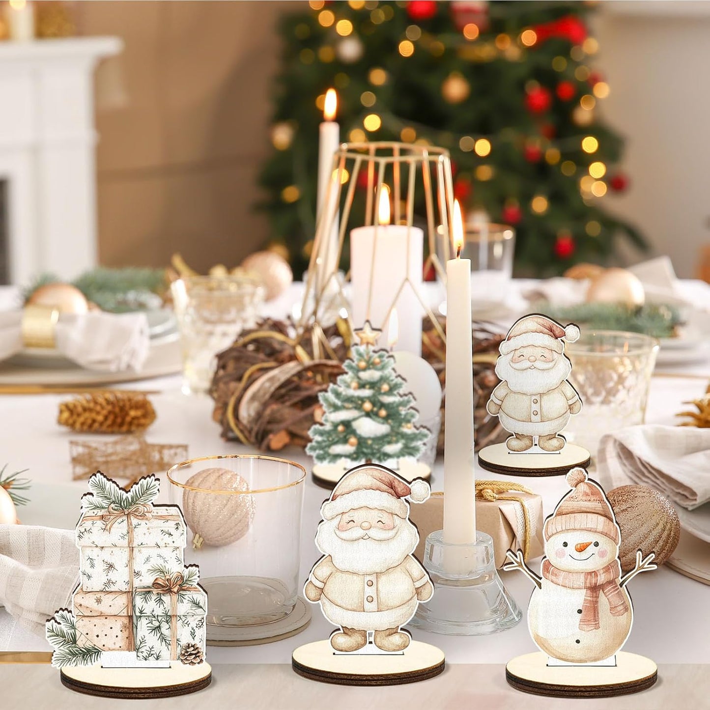 16 Pcs Wooden Boho Sad Beige Christmas Table Centerpiece Vintage Watercolor Xmas Tabletop Detachable Sign Farmhouse Snowman Deer Santa Table Toppers Display Decor Photo Props Party Favor Supplies
