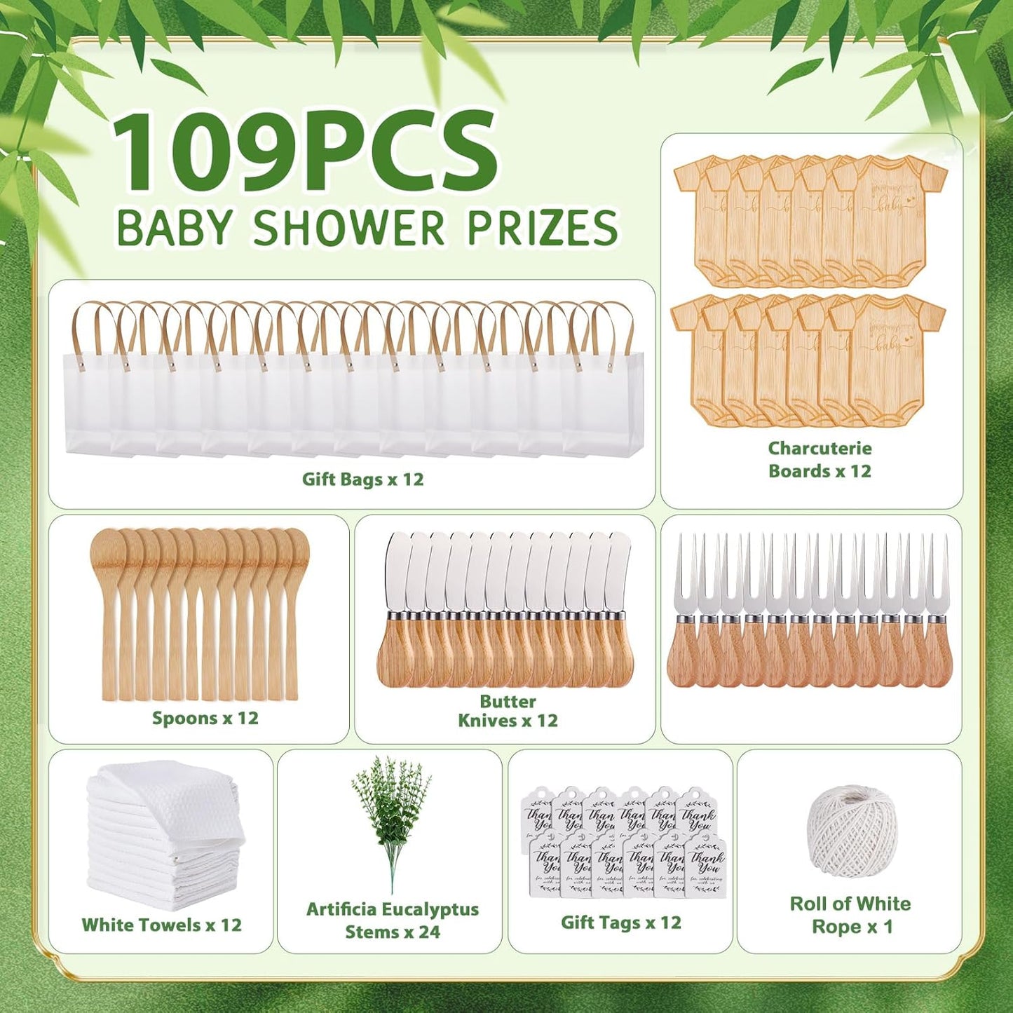 Baby Shower Prizes for Game Winners Bodysuit Shaped Cheese Board Gift with Spoons Butter Spreaders Gift Bags Kitchen Towels Bridal Shower Party Favors for Guests (Bodysuit Shaped, 12 Sets)