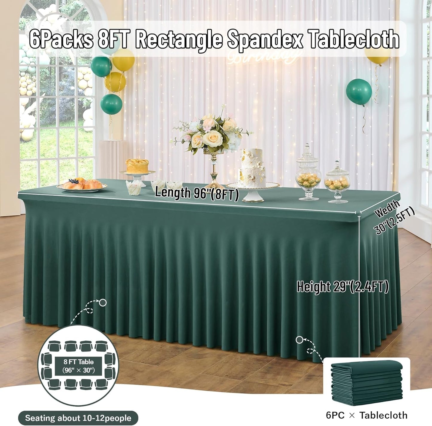 4 Pack Hunter Green Spandex Tablecloths for 8 Foot Rectangle Tables, Wrinkle Free Fitted Table Cloths 8ft Stretchy Table Cloth Cover with Skirt for Parties Weddings Birthday Banquet Baby Shower