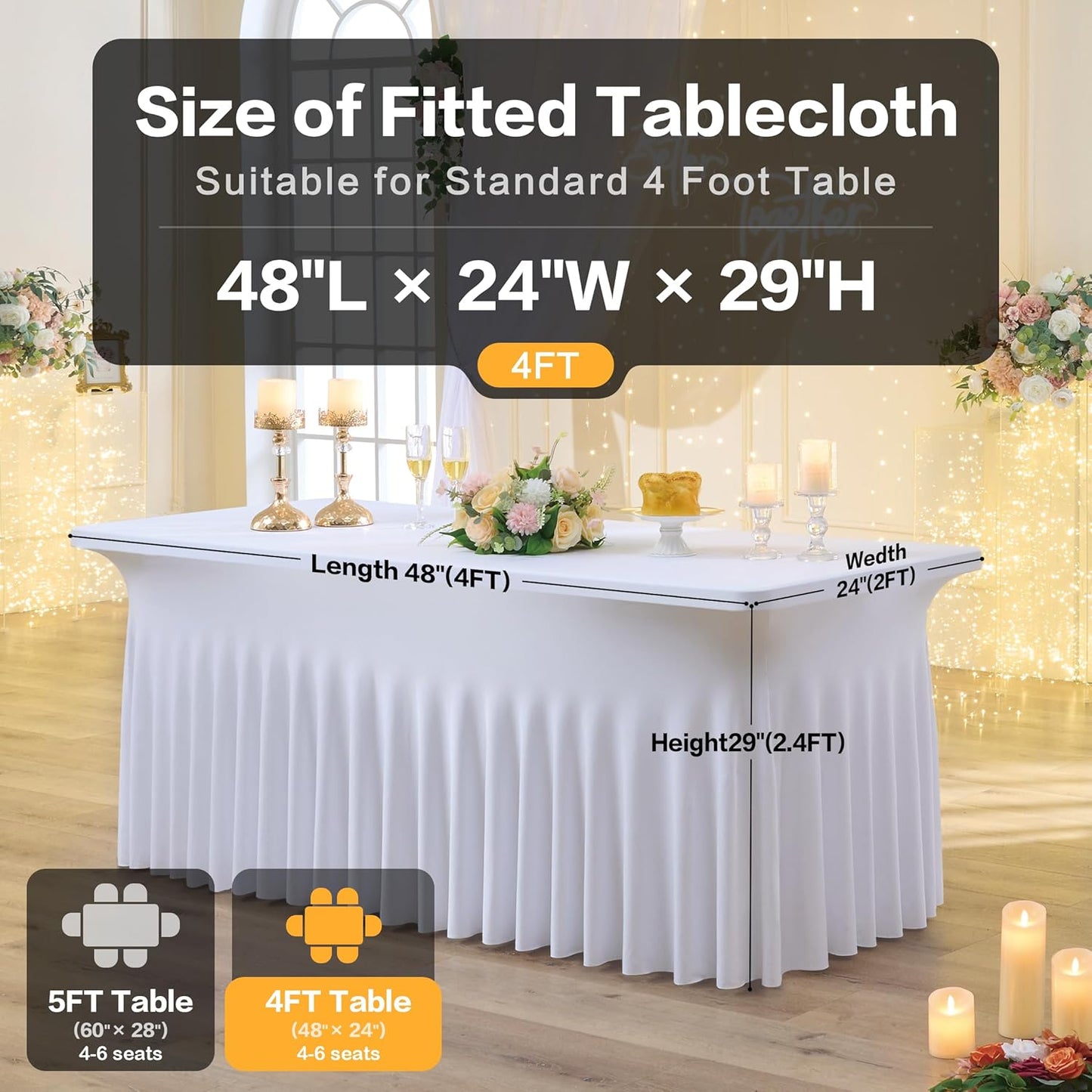 leegleri 2Pack White Spandex Table Clothes for 4 Foot Rectangle Tables, Wrinkle Free 4ft Table Cover, Spandex Table Skirt for 6FT Rectangle Tables-for Banquet Weddings Parties