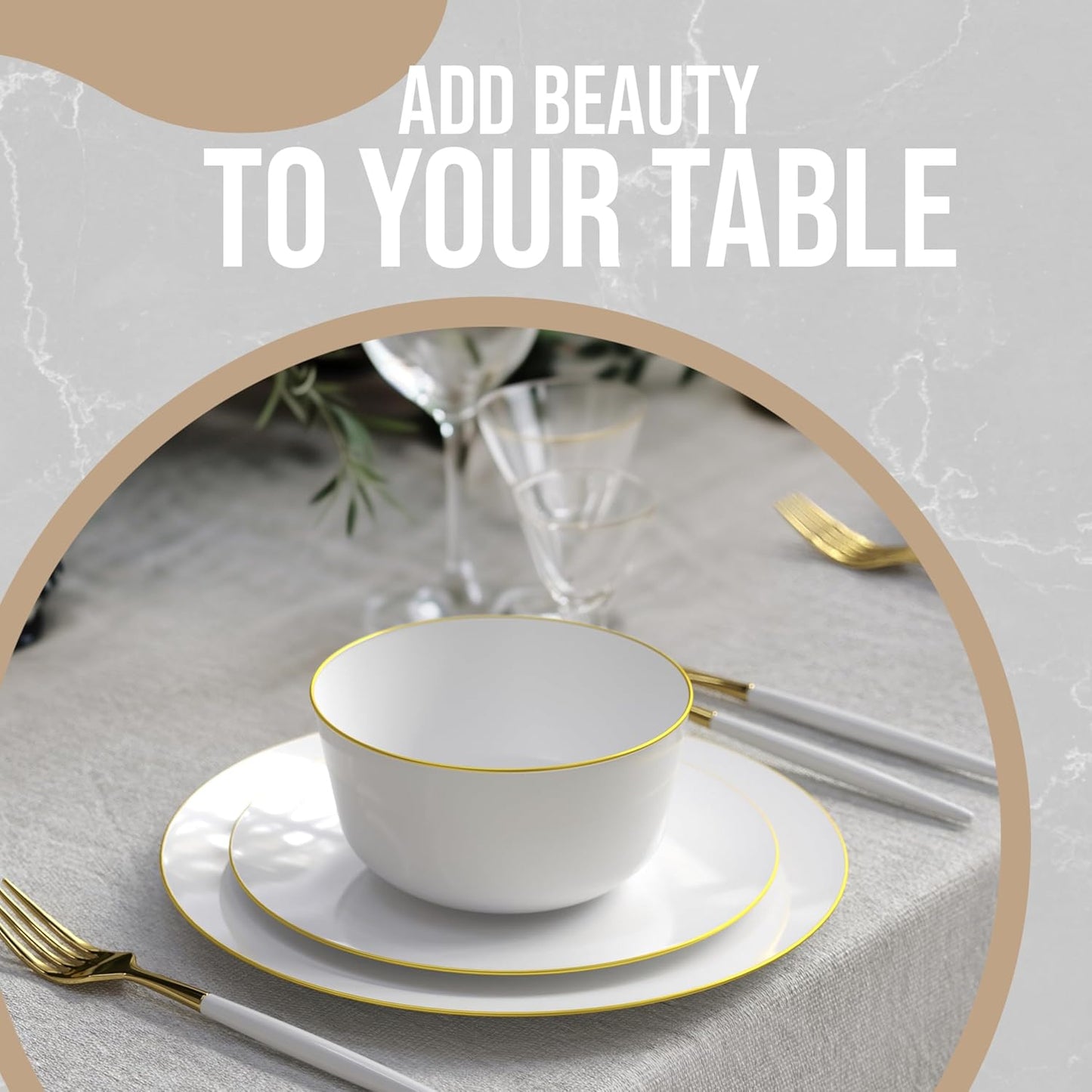 Trendables Disposable Bowls - 24 Oz Set of 10, Gold Rimmed Fancy Plastic Serving & Ice Cream Bowls