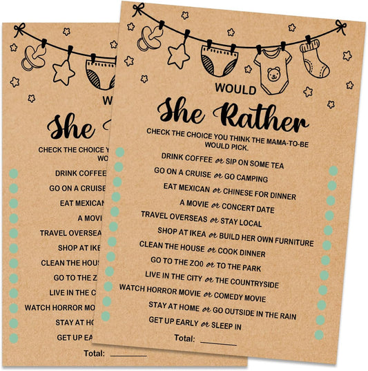 Baby Shower Game, Would She Rather, Baby Shower Ideas, Party Activities Ideas Supplies, Baby Shower Party Games Supplies & Activities, 30 Game Cards Included, Kraft