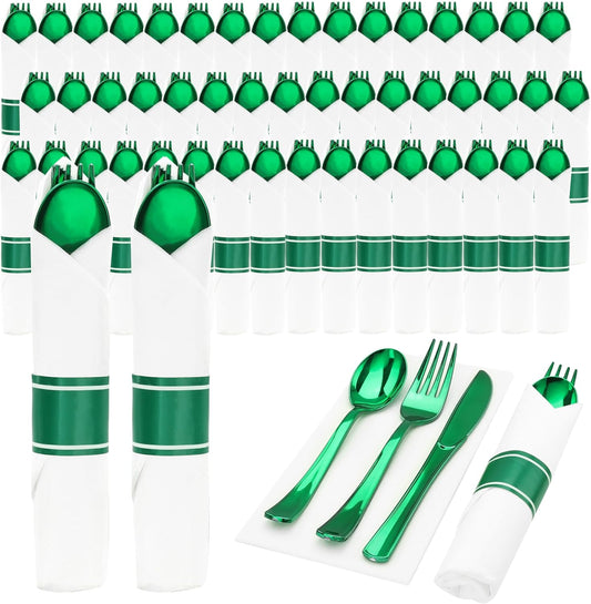Goodluck 50 Set Green Pre Rolled Plastic Cutlery Set, Wrapped Silverware Set with 50 Forks, 50 Knives, 50 Spoons and 50 Napkins, Perfect for Party, Christmas, St.Patrick