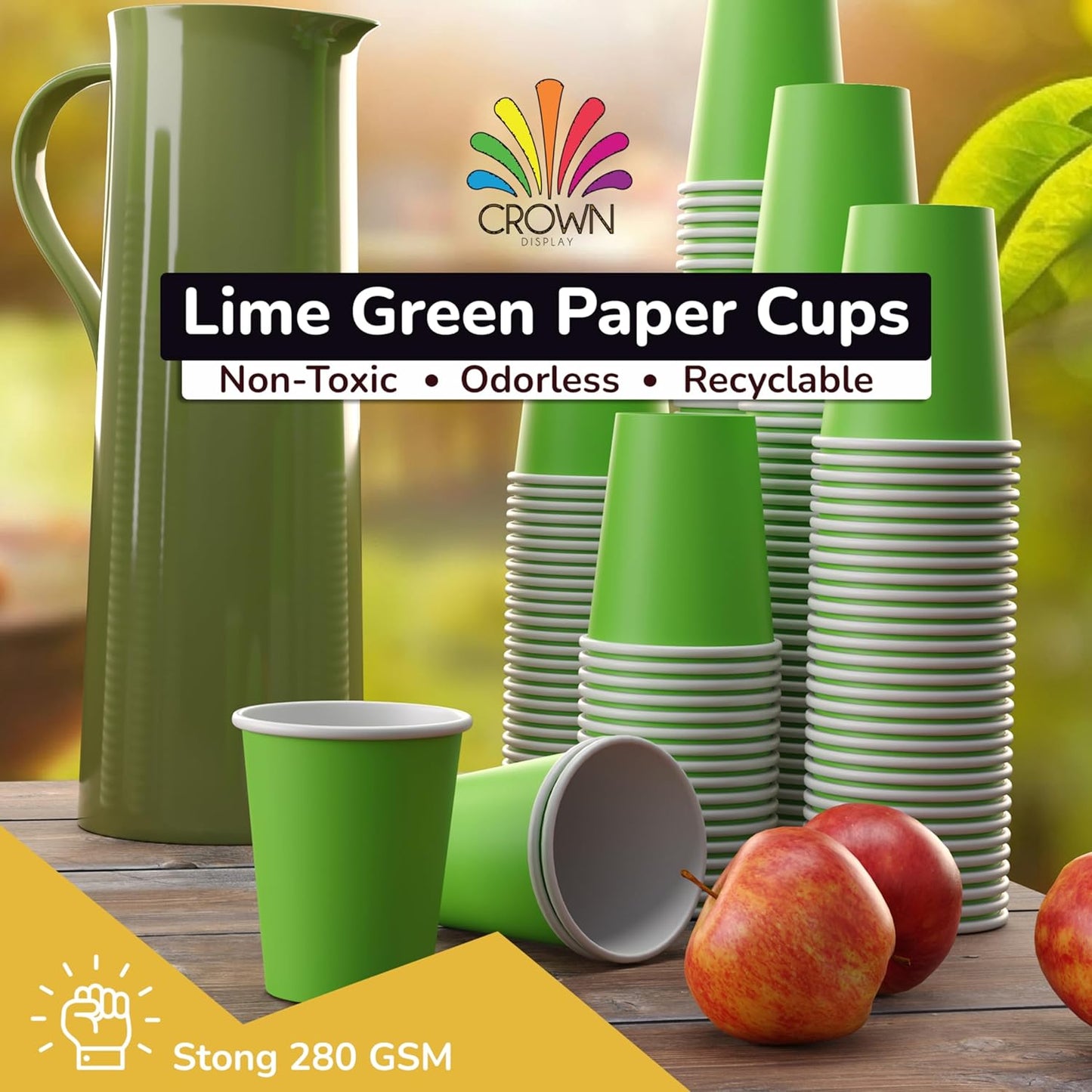 Party Solids Lime Green Paper Cups 9 oz Durable Disposable Cups 100 Paper Tumblers for Hot Drinks and Cold Drinks Thick 280 GSM Hot Cup for Tea & Coffee Cup To Go Fun Colors for Parties & Events