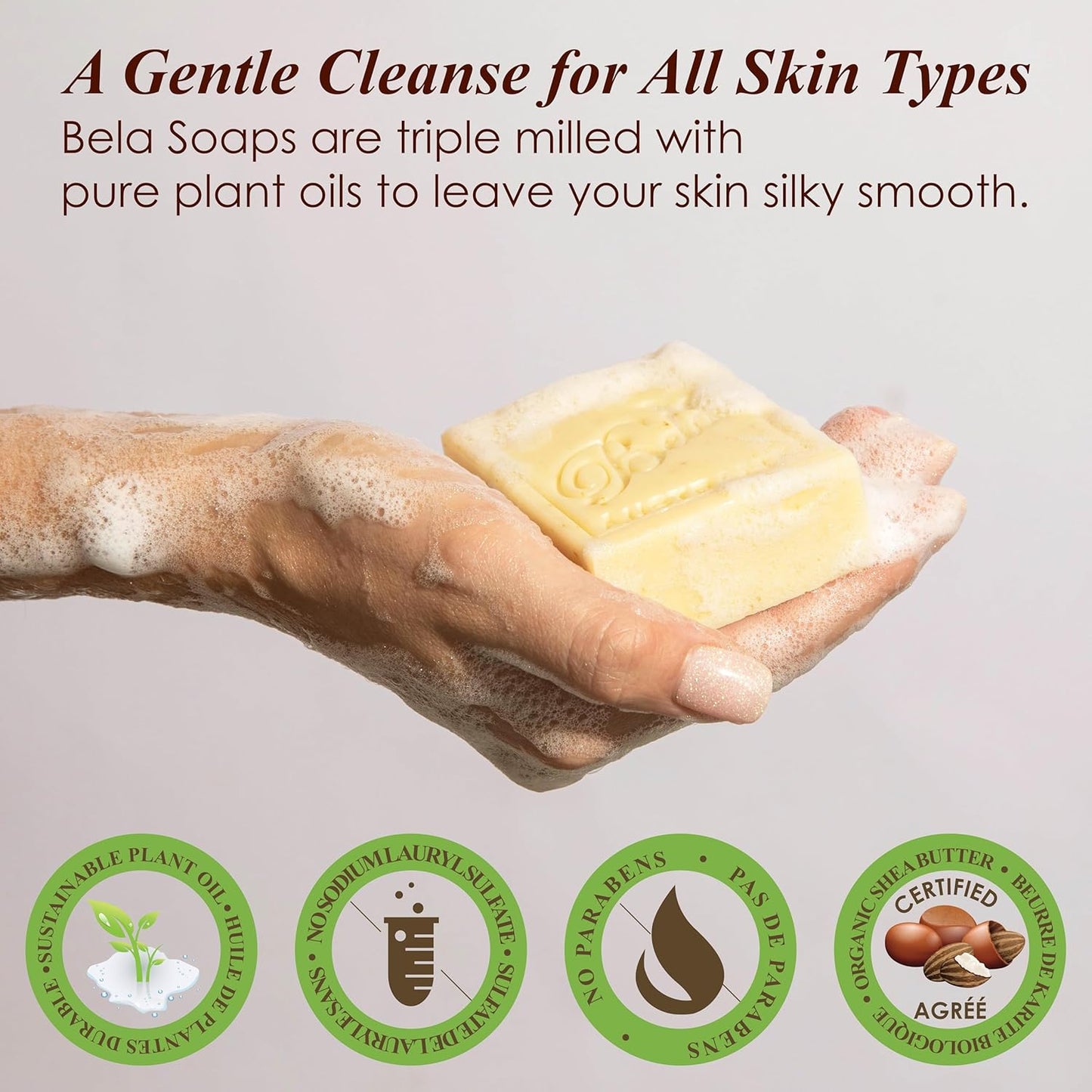 BELA Almond Soap 3.3 OZ Pack of 12, French Triple Milled Bar Soap with Organic Shea Butter, Hand, Face and Body Wash Bar Made in Australia