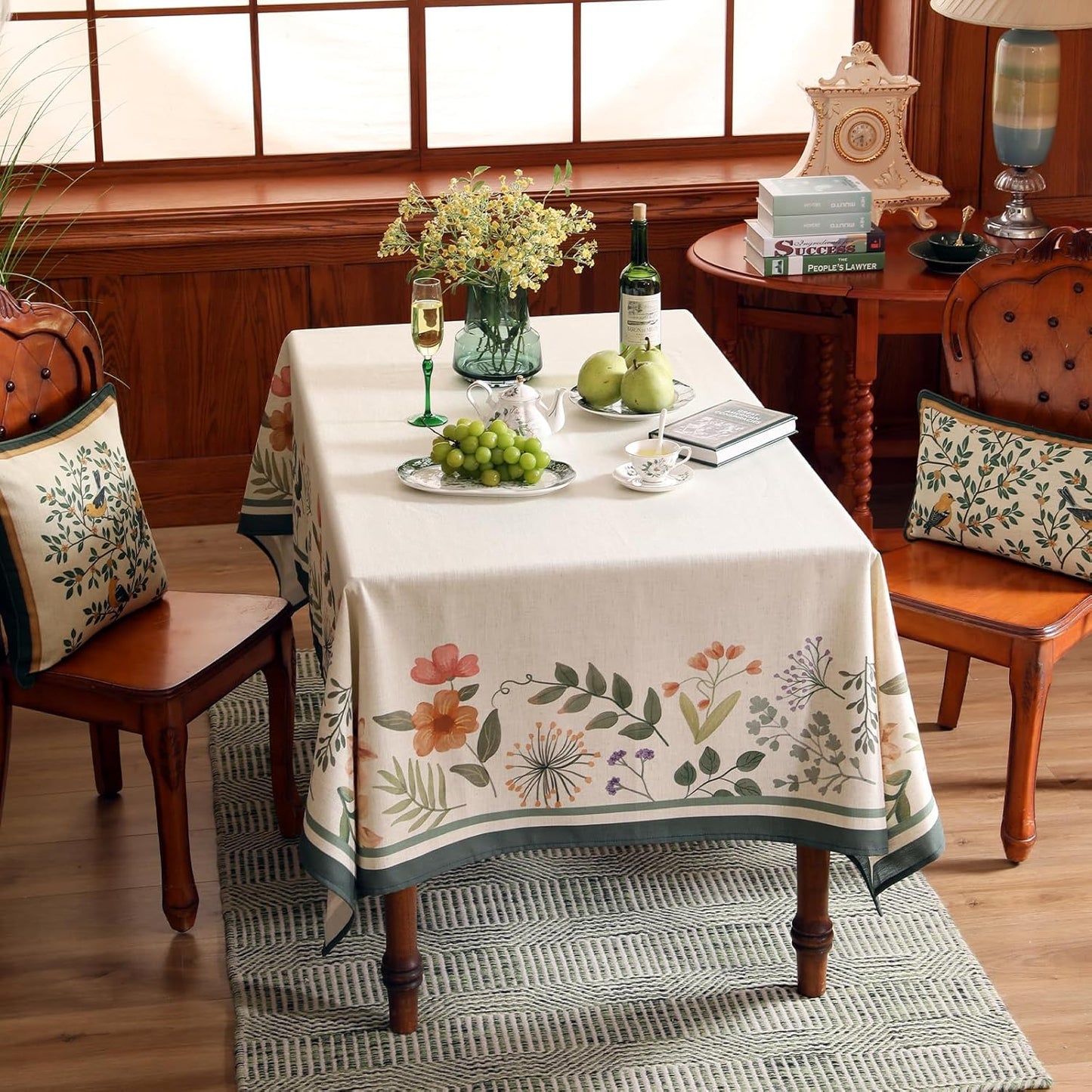 Beige Linen Rectangle Tablecloth,Vintage French Shabby Chic Floral Wrinkle Free Table Cloth,Decor Table Cover for Kitchen,Dining,Party,Home,Christmas,Thanksgiving,55"*87"-Manolya