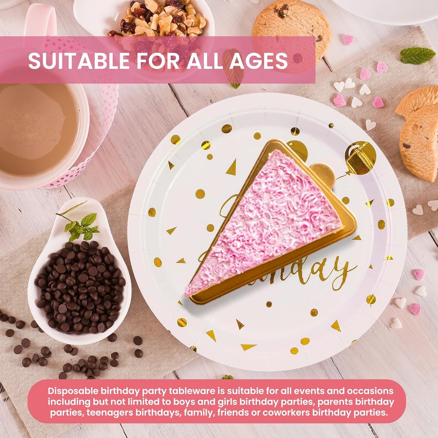 75PCS Happy Birthday Paper Plates - 7 Inch White Gold Dot Paper Plates and 6.5 Inch Napkins with 6.3 Inch Forks Disposable Tableware Set for Birthday Party Decorations, Serves 25