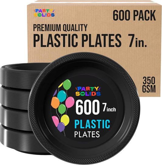 Party Solids Black Plastic Plates Bulk 7" Black Disposable Plates For Party Supplies 600 Pieces Disposable Dinner Plate Heavy Duty 350 GSM Plate Sets, Plastic Dinnerware Sets