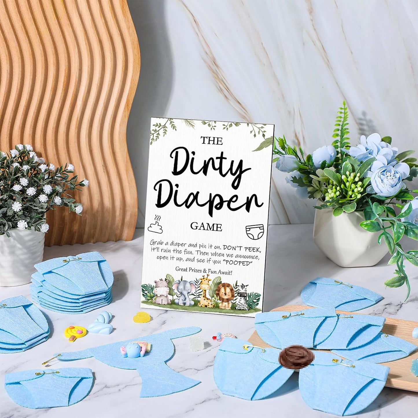 Roowest 51 Pcs Dirty Diaper Baby Shower Games Funny Wooden Sign with 50 Pcs Mini Diapers Cute Felt for Gender Reveal Party Baby Shower(Animals Blue)