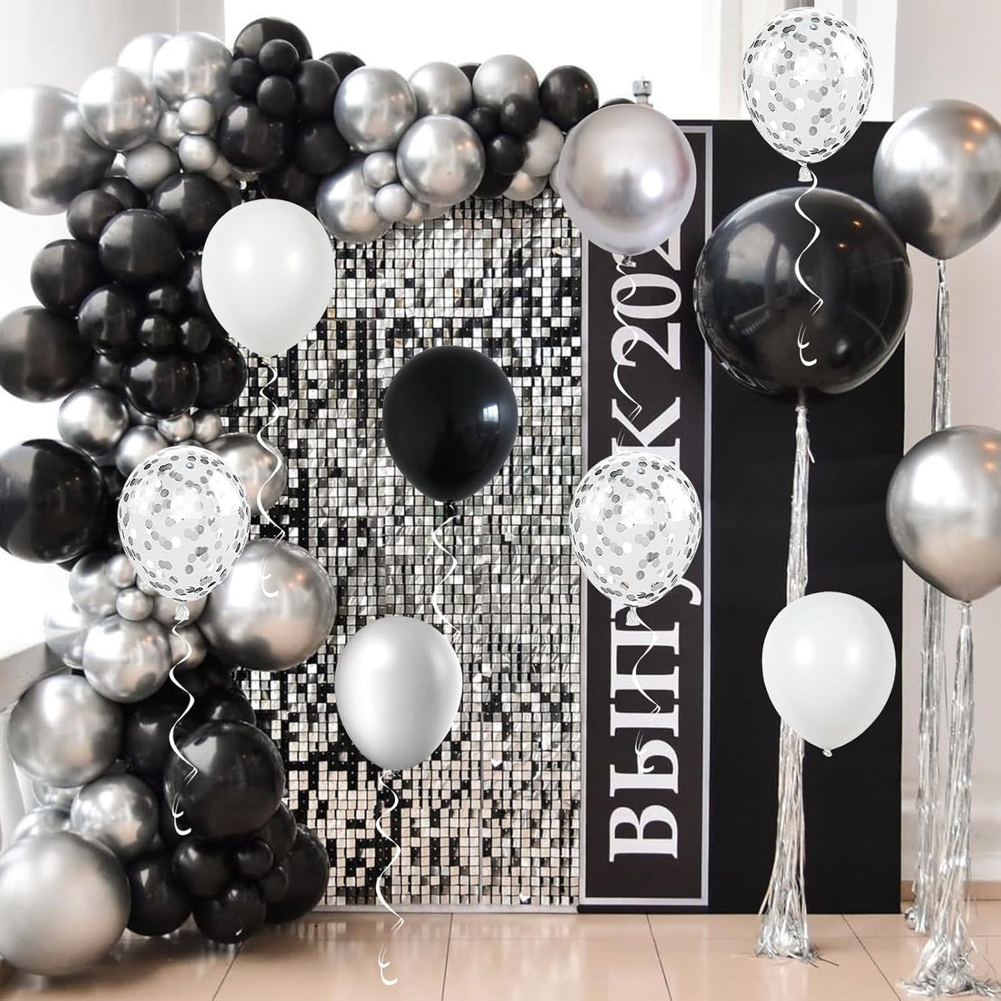 Black and Silver Balloons, 60 Packs 12 Inch Chrome Metallic Silver Balloons and Confetti Balloons, Black White Silver Balloon for Wedding Engagement Birthday Halloween Decorations