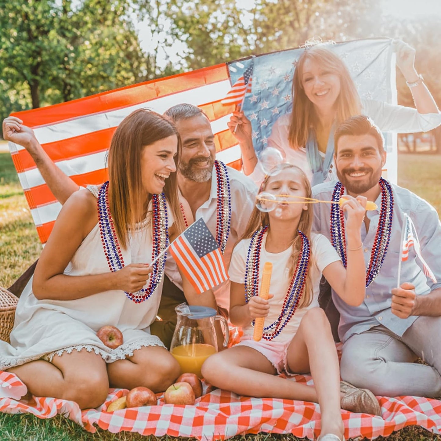 YAXINRUI 24 PCS Patriotic Beads Necklaces, 4th of july Accessories 33 Inch Independence Day Bead Necklace 4th of July Beads for Patriotic Parade Party