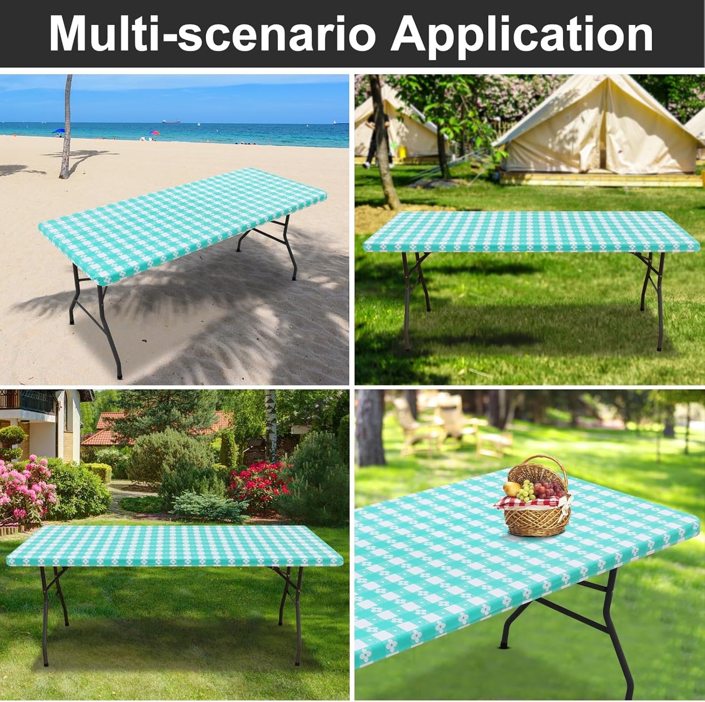 Rectangle Vinyl Table Cloth, Waterproof Elastic Fitted Tablecloth with Flannel Backing, Plastic Table Cover for Picnic, Camping, Outdoor (White & Teal, 30"x72")